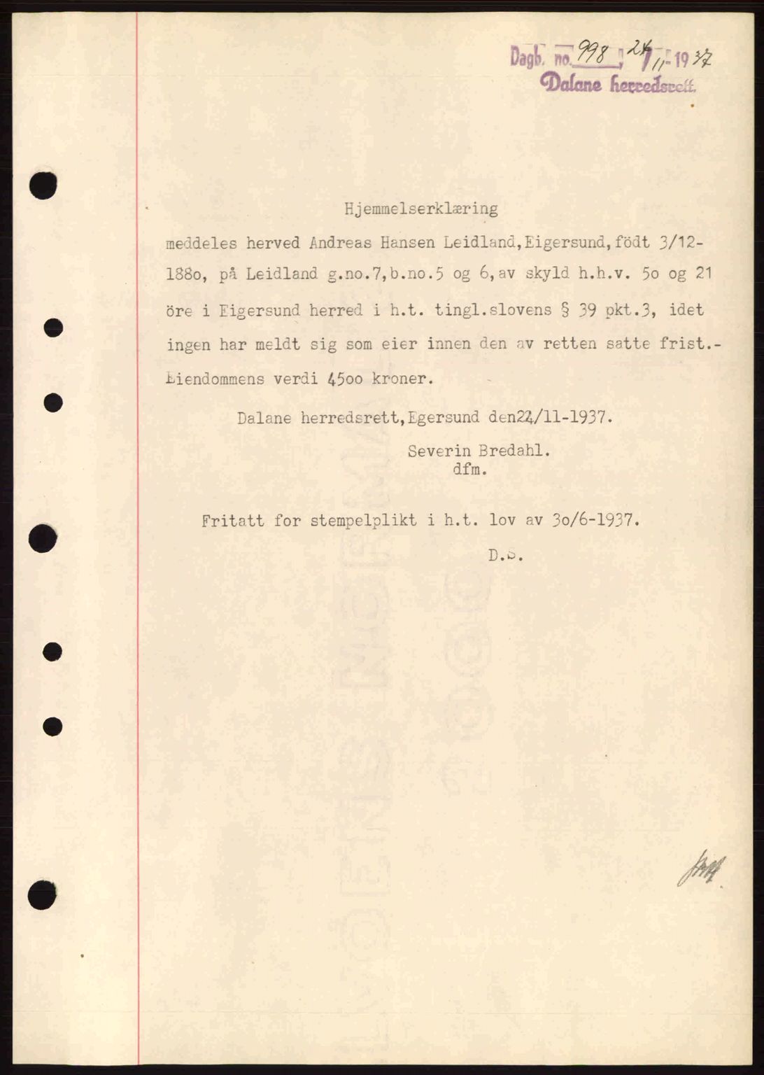 Dalane sorenskriveri, SAST/A-100309/02/G/Gb/L0041: Pantebok nr. A2, 1936-1937, Dagboknr: 998/1937