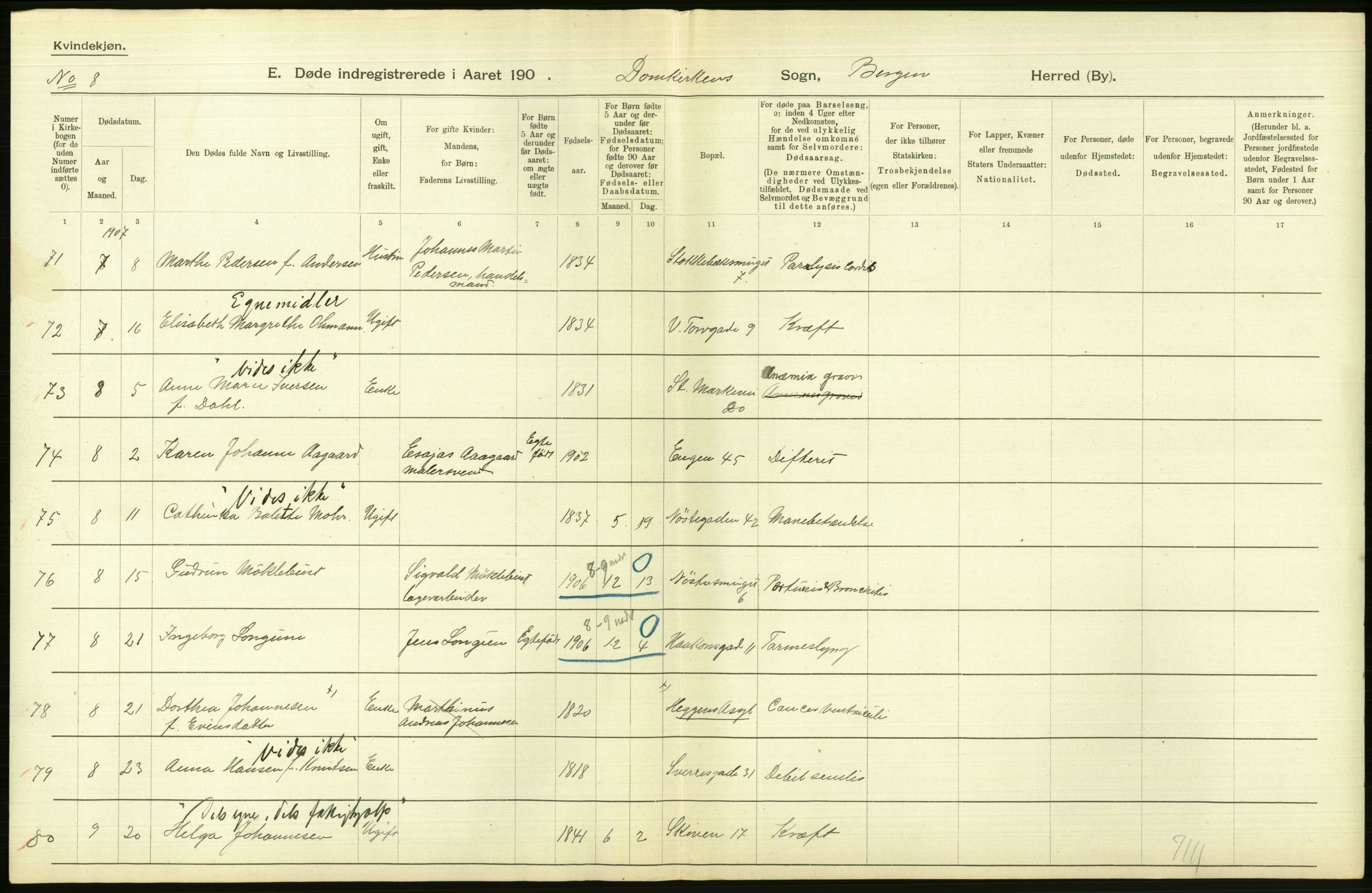 Statistisk sentralbyrå, Sosiodemografiske emner, Befolkning, RA/S-2228/D/Df/Dfa/Dfae/L0031: Bergen: gifte, døde, dødfødte., 1907, s. 290