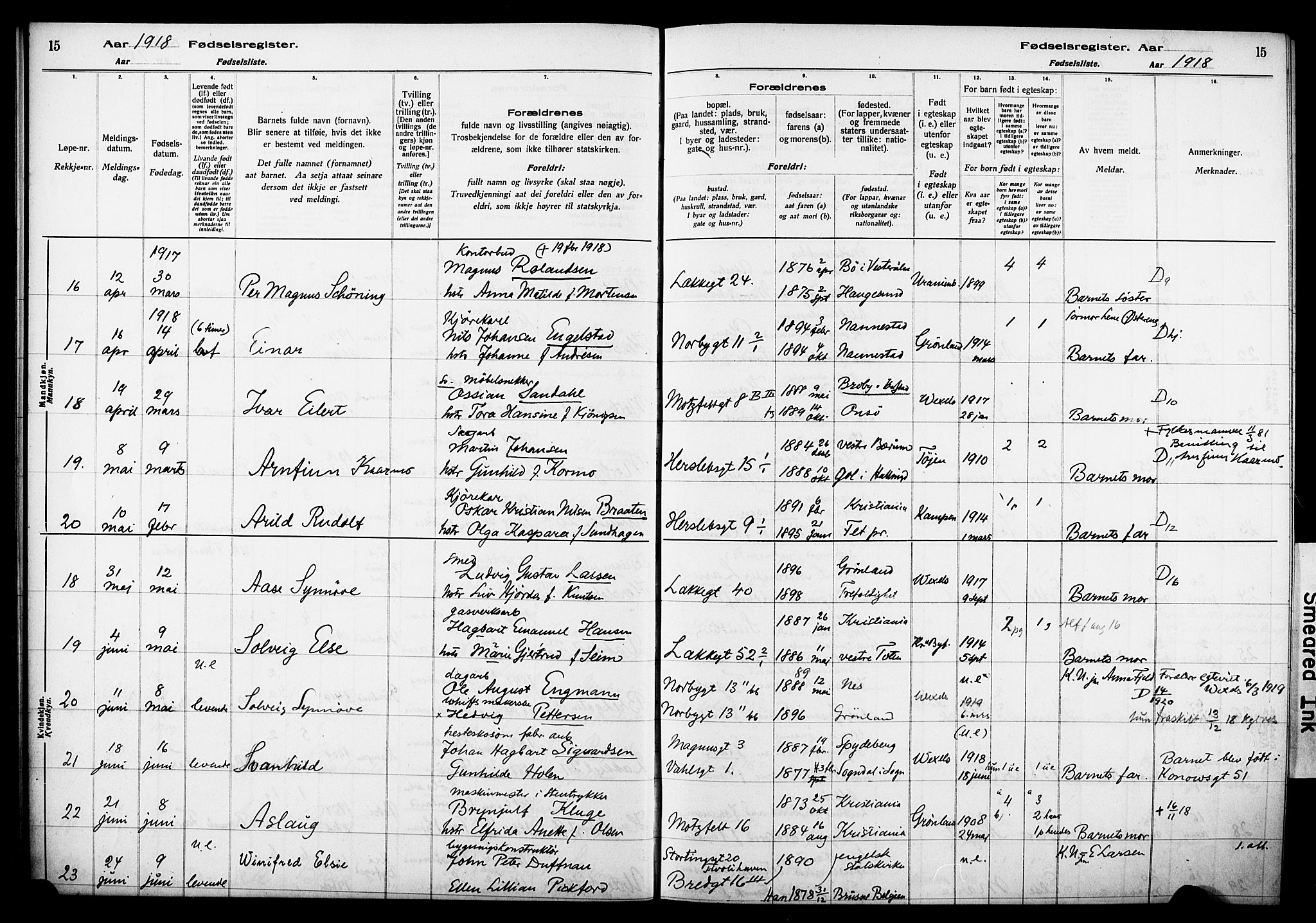 Wexel prestekontor Kirkebøker, AV/SAO-A-10879/J/L0001: Fødselsregister nr. 1, 1916-1930, s. 15