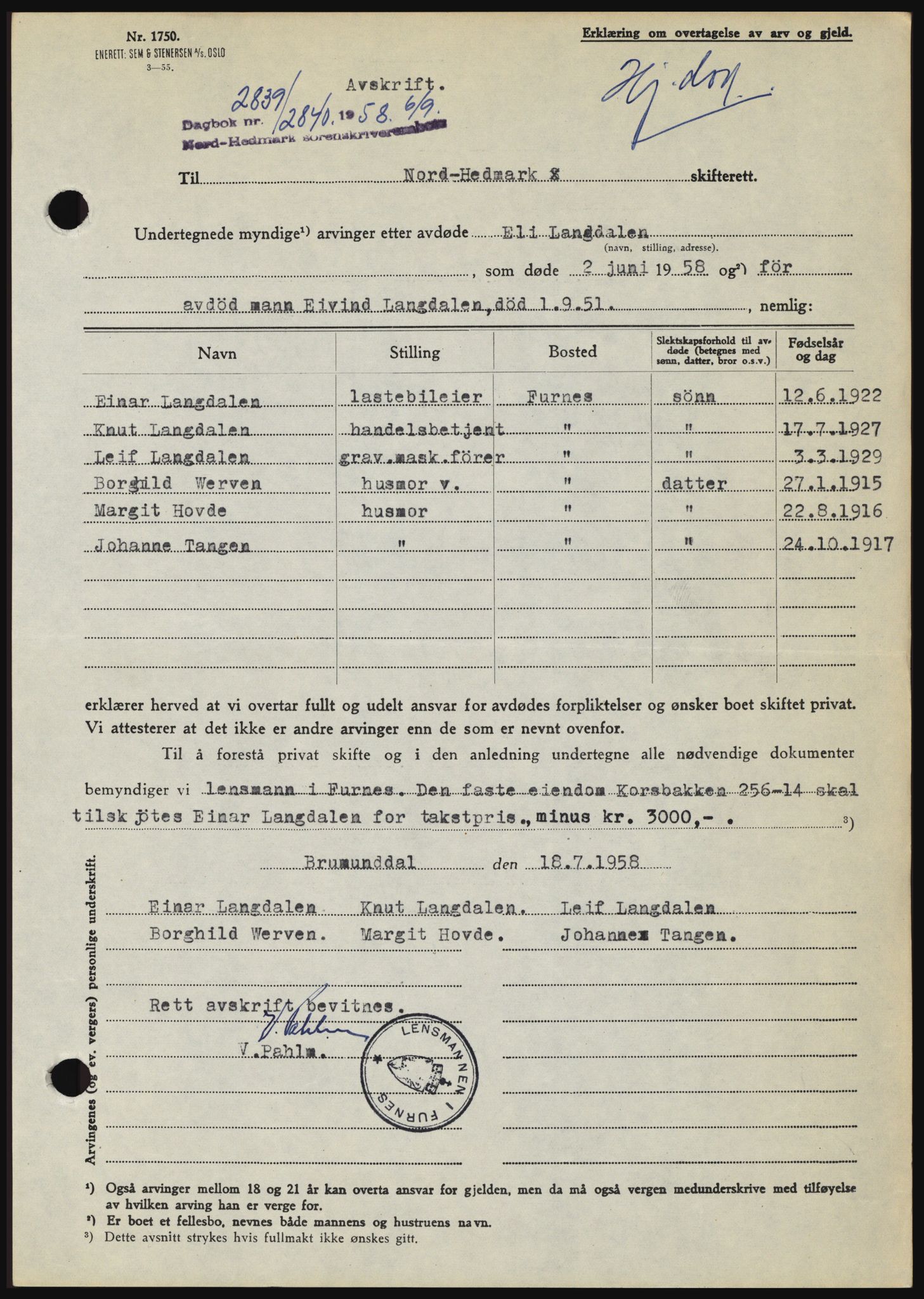 Nord-Hedmark sorenskriveri, SAH/TING-012/H/Hc/L0012: Pantebok nr. 12, 1957-1958, Dagboknr: 2839/1958