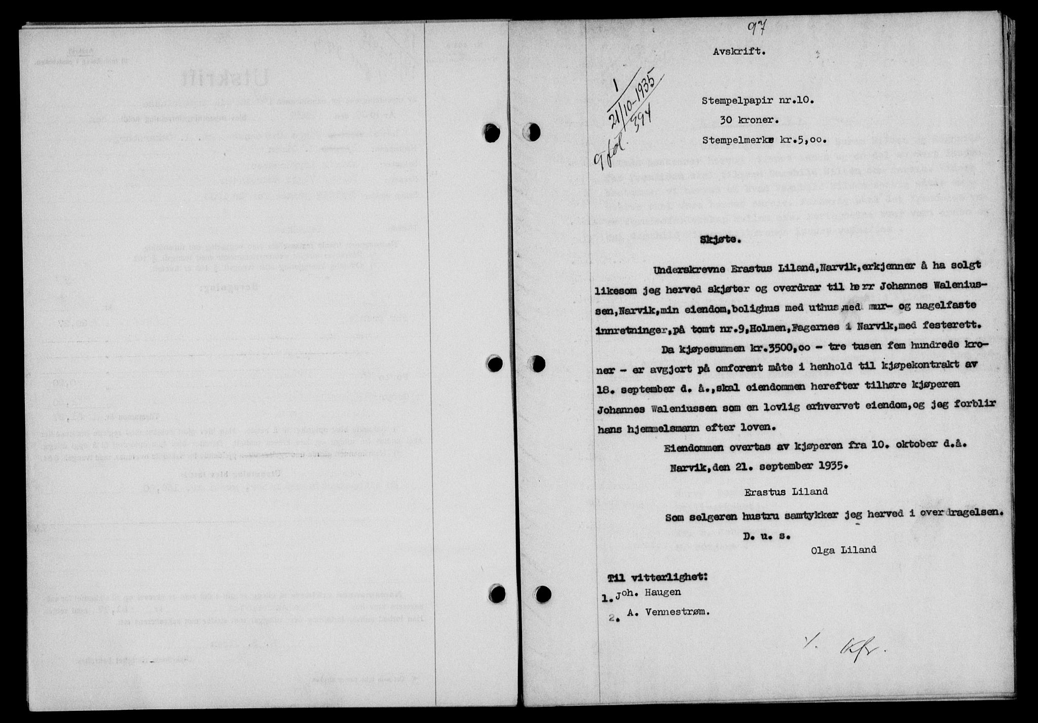Narvik sorenskriveri, SAT/A-0002/1/2/2C/2Ca/L0011: Pantebok nr. 14, 1935-1937, Tingl.dato: 21.10.1935