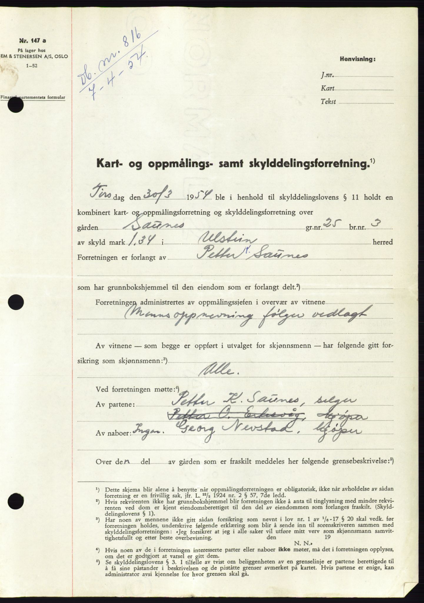 Søre Sunnmøre sorenskriveri, SAT/A-4122/1/2/2C/L0097: Pantebok nr. 23A, 1954-1954, Dagboknr: 816/1954