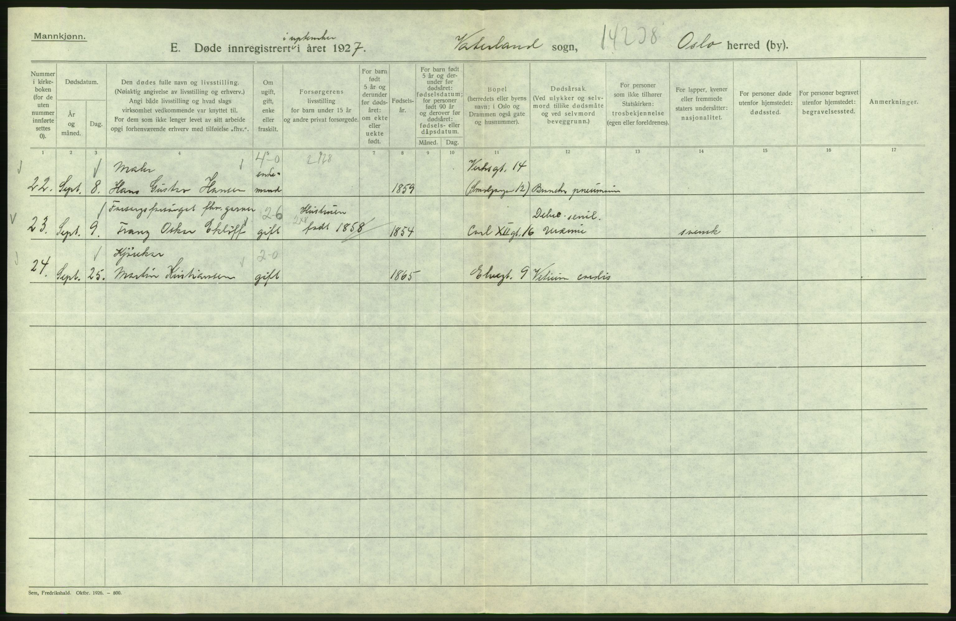 Statistisk sentralbyrå, Sosiodemografiske emner, Befolkning, AV/RA-S-2228/D/Df/Dfc/Dfcg/L0009: Oslo: Døde menn, 1927, s. 588