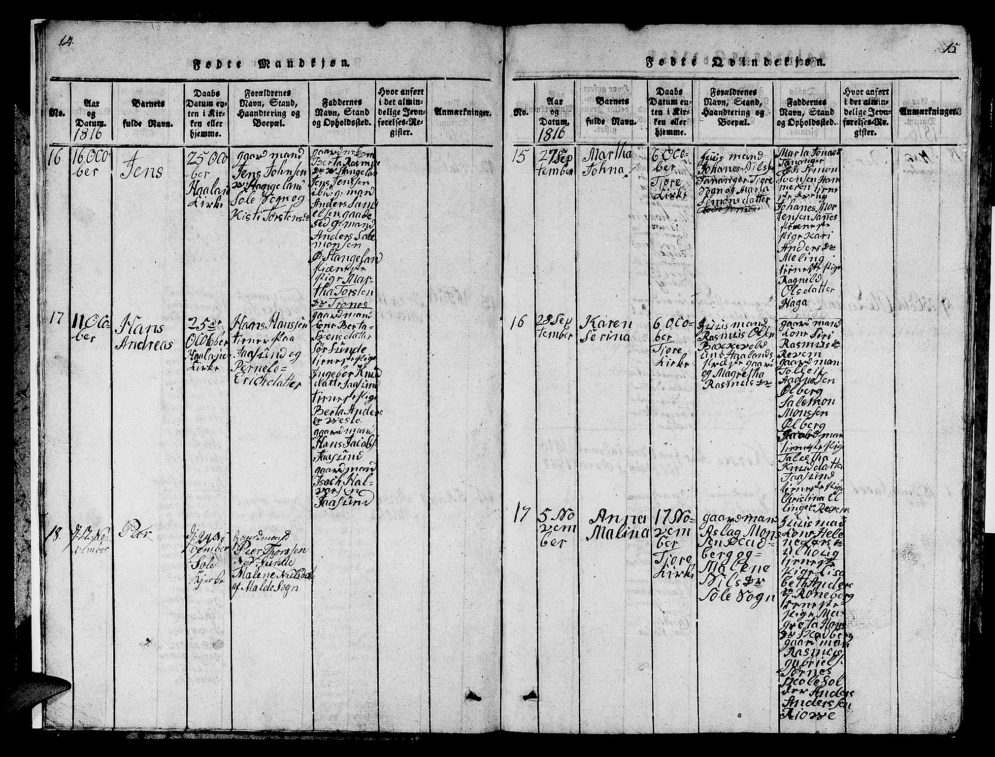 Håland sokneprestkontor, AV/SAST-A-101802/001/30BB/L0001: Klokkerbok nr. B 1, 1815-1845, s. 14-15