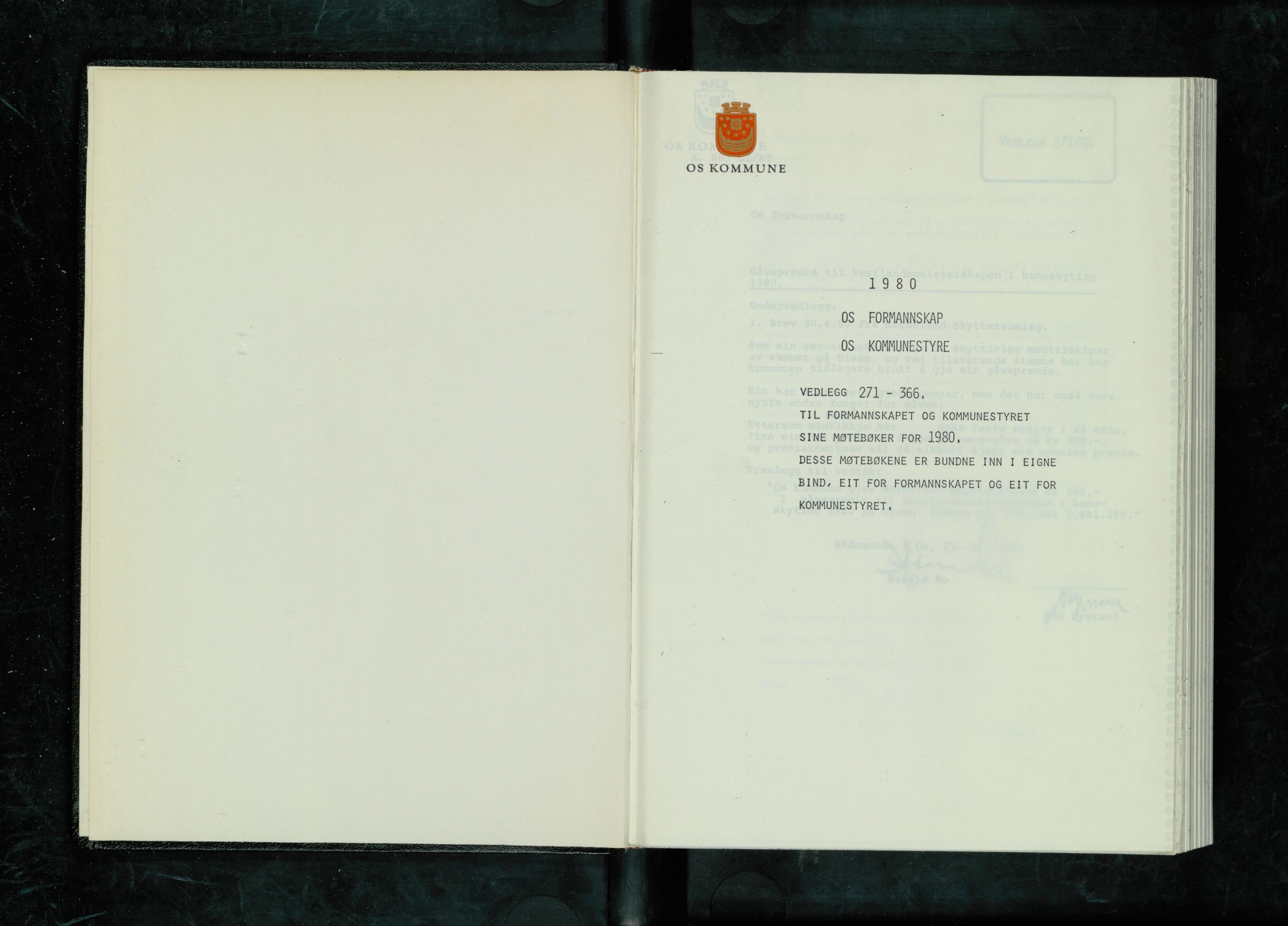 Os kommune. Formannskapet, IKAH/1243-021/A/Ad/L0035: Protokoll over saksvedlegg til møtebøker for formannskapet og kommunestyret. Vedlegg 271-366, 1980