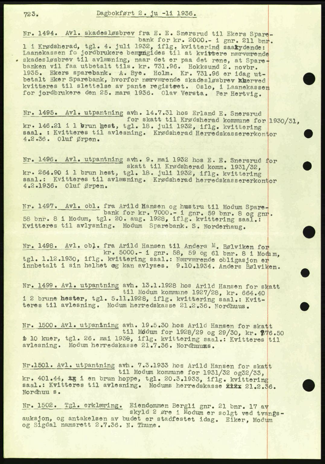Eiker, Modum og Sigdal sorenskriveri, SAKO/A-123/G/Ga/Gab/L0032: Pantebok nr. A2, 1936-1936, Dagboknr: 1494/1936