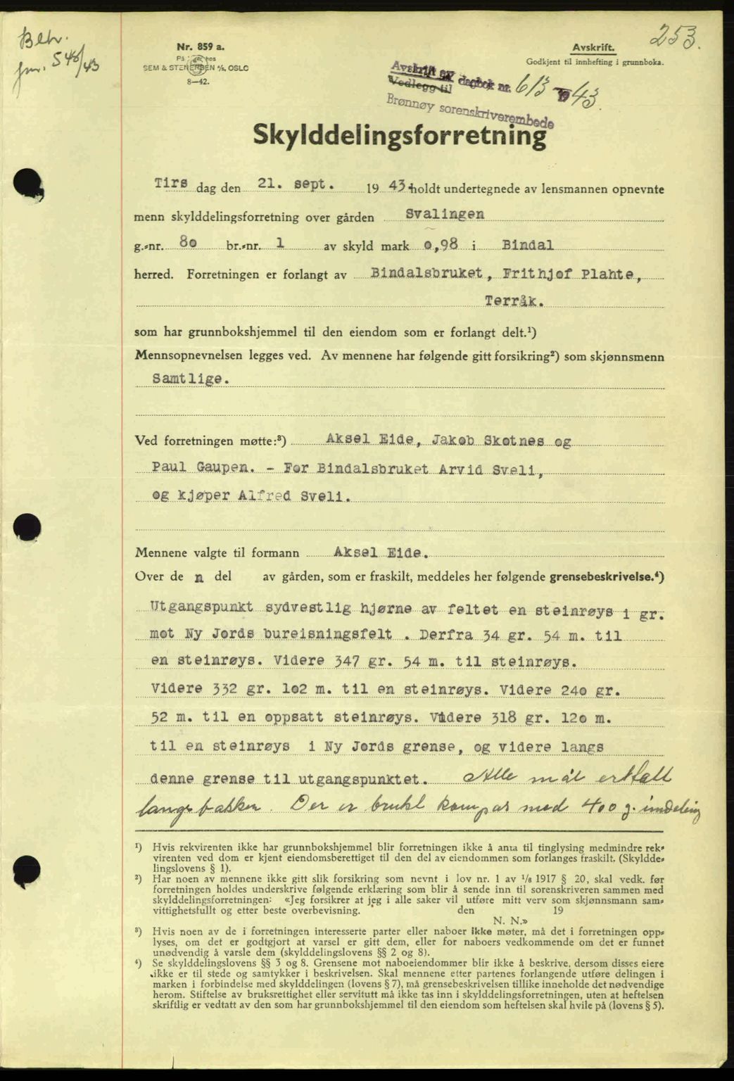 Brønnøy sorenskriveri, SAT/A-4170/1/2/2C: Pantebok nr. 23, 1943-1944, Dagboknr: 613/1943