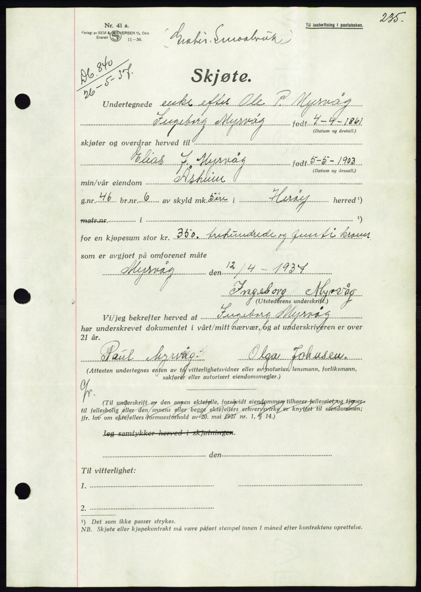 Søre Sunnmøre sorenskriveri, AV/SAT-A-4122/1/2/2C/L0063: Pantebok nr. 57, 1937-1937, Dagboknr: 840/1937