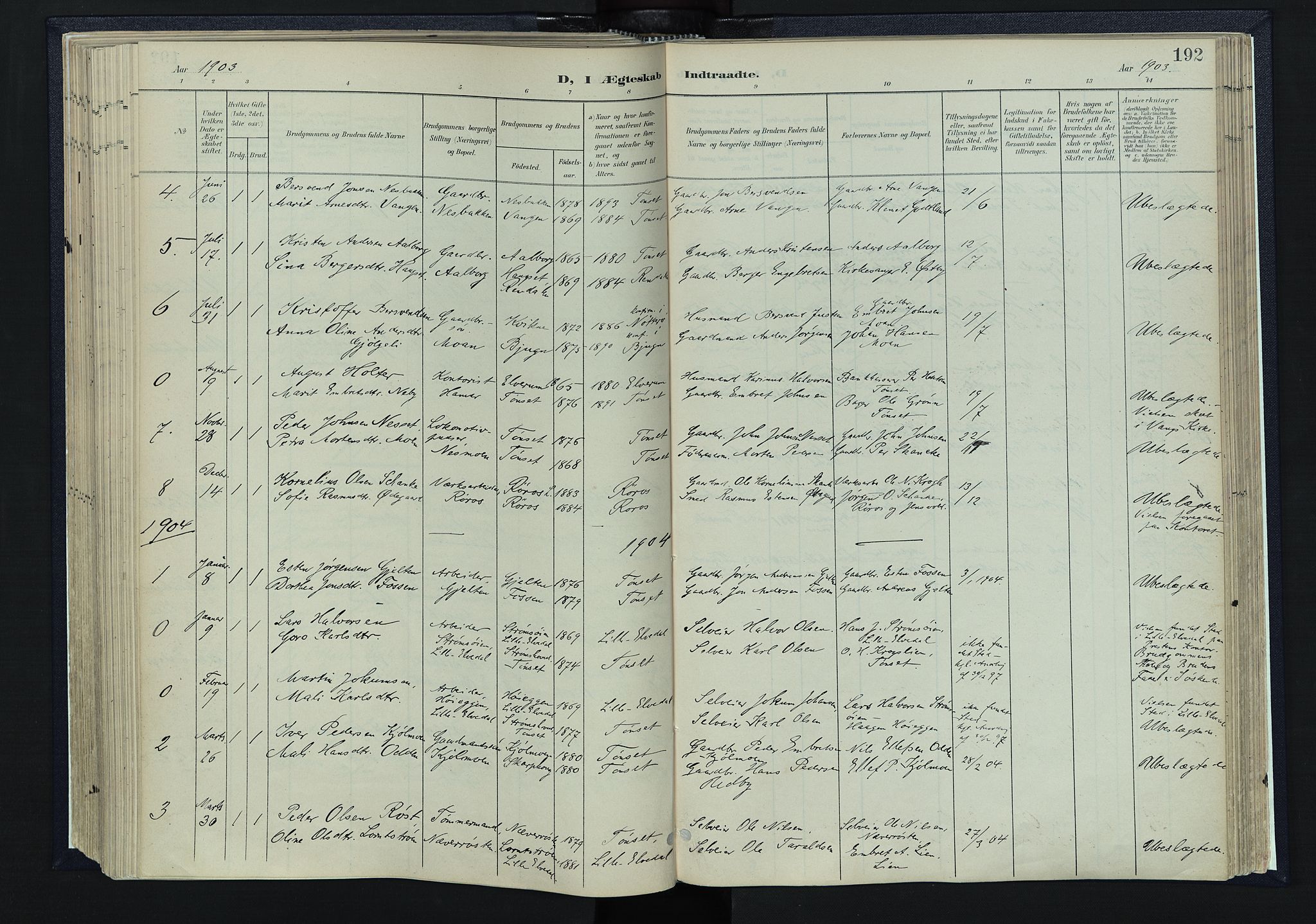 Tynset prestekontor, SAH/PREST-058/H/Ha/Haa/L0025: Ministerialbok nr. 25, 1900-1914, s. 192