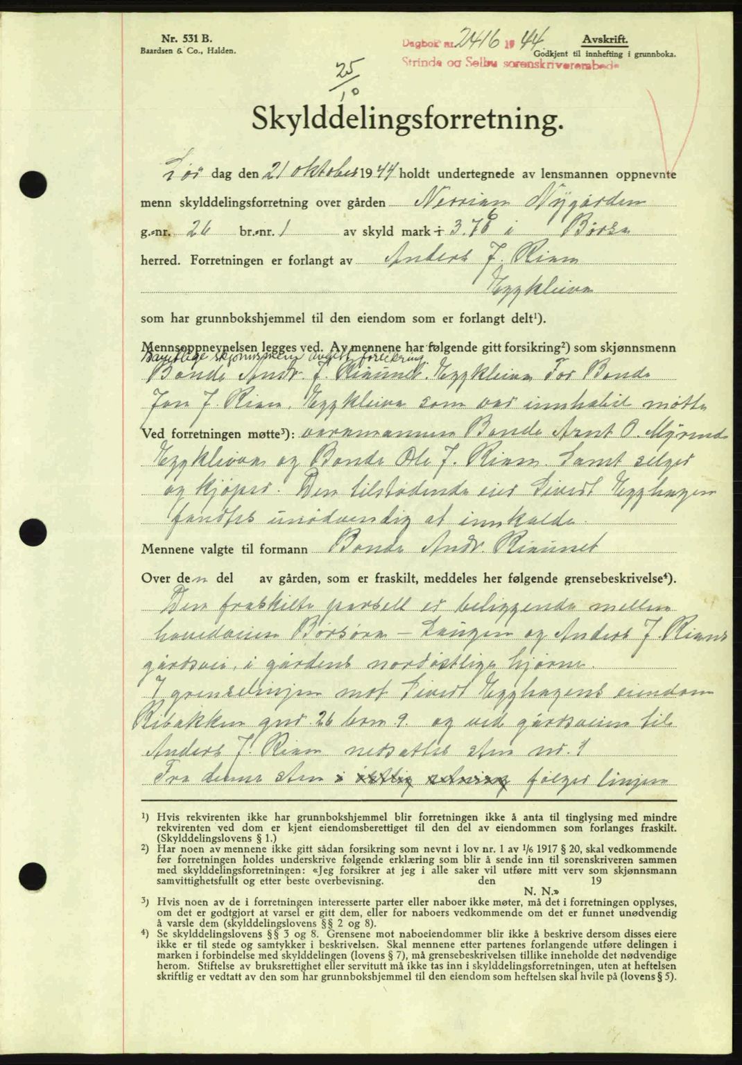 Strinda og Selbu sorenskriveri, SAT/A-0015/2/2C: Pantebok nr. A9, 1944-1945, Dagboknr: 2416/1944