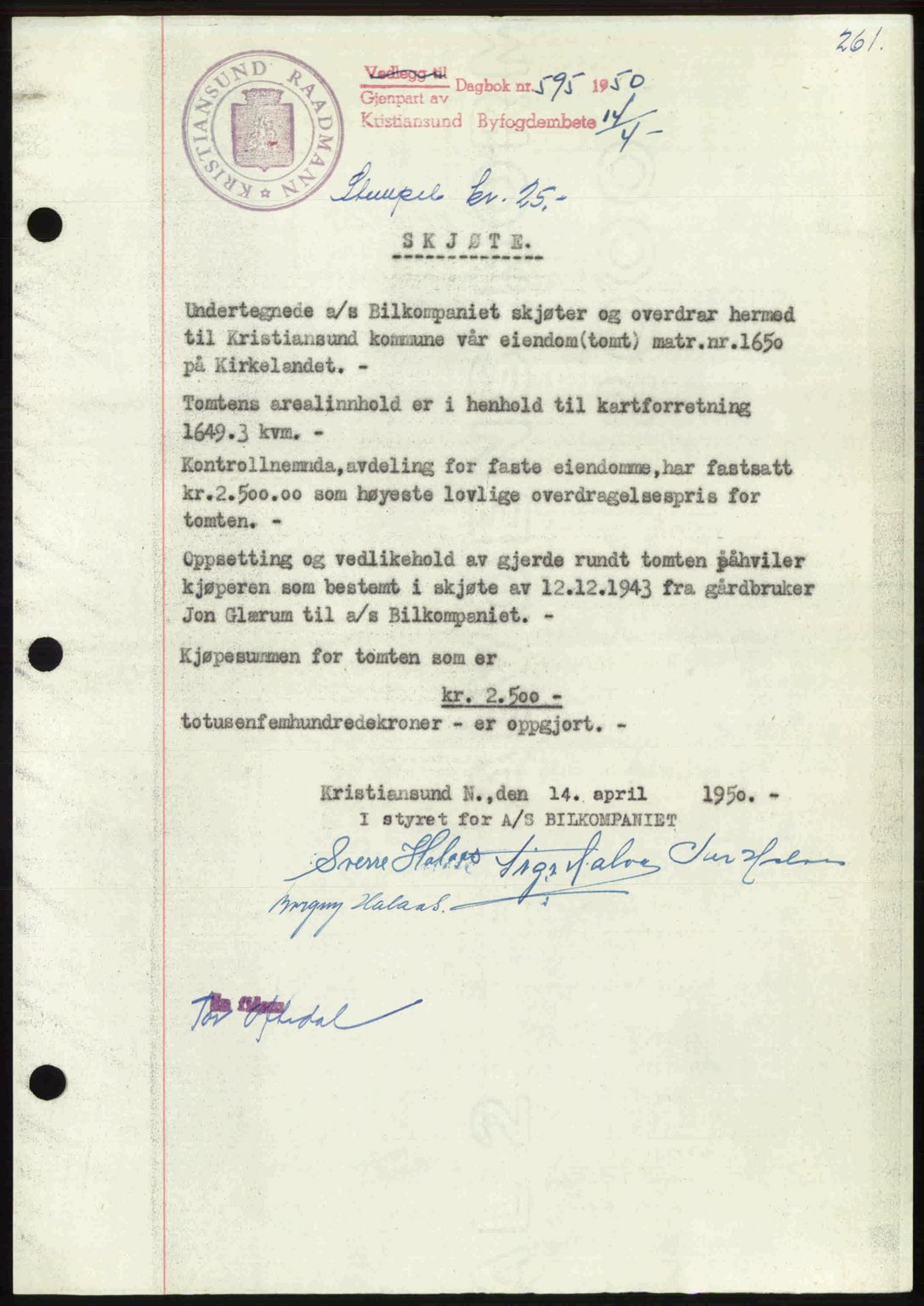 Kristiansund byfogd, AV/SAT-A-4587/A/27: Pantebok nr. 46, 1949-1950, Dagboknr: 595/1950