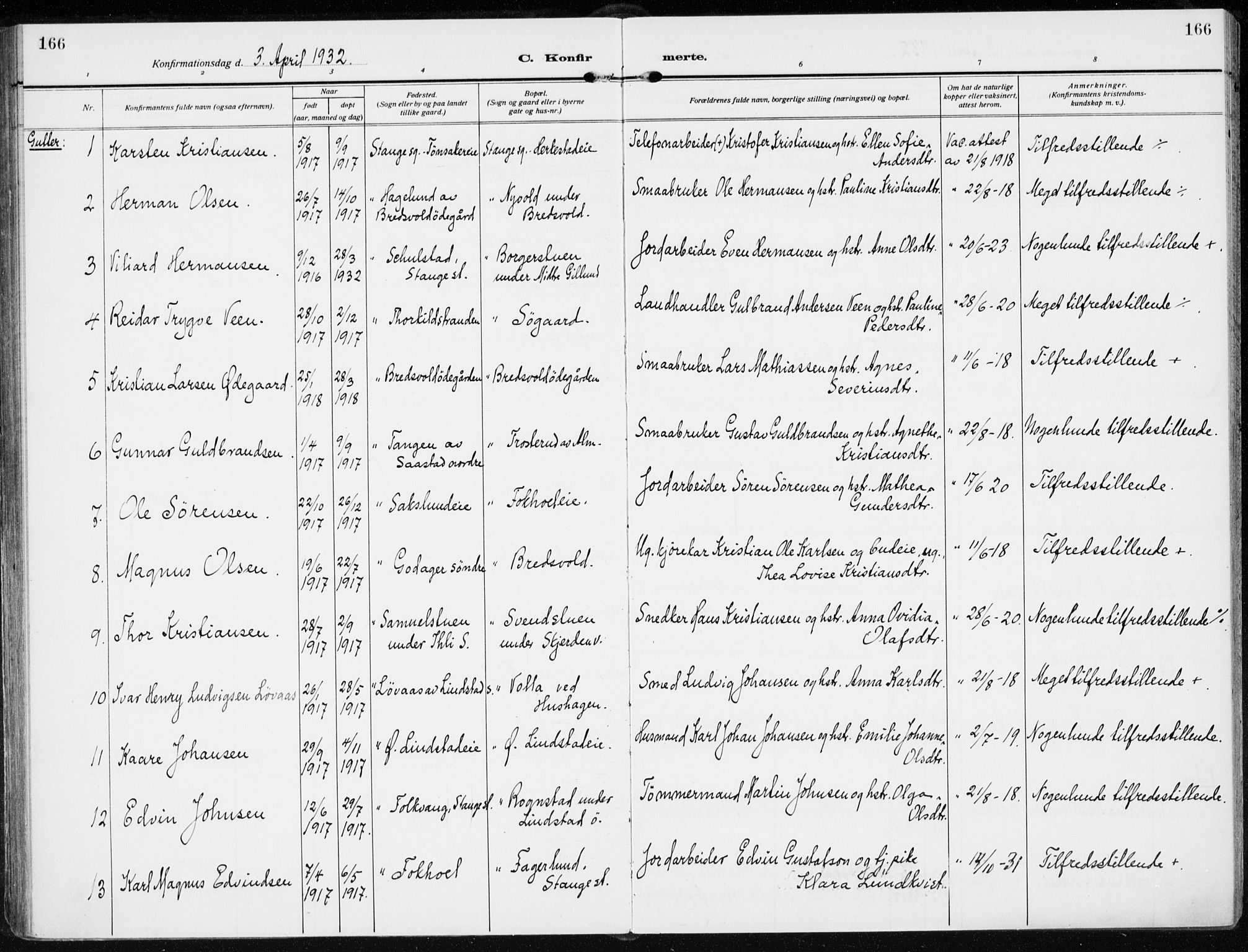 Stange prestekontor, AV/SAH-PREST-002/K/L0026: Ministerialbok nr. 26, 1923-1937, s. 166