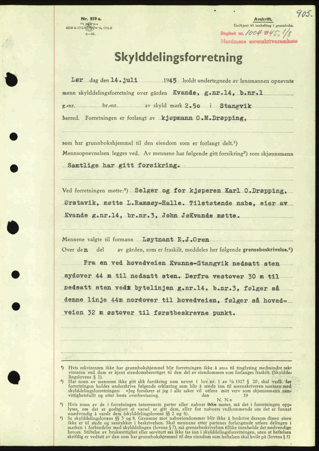 Nordmøre sorenskriveri, SAT/A-4132/1/2/2Ca: Pantebok nr. A99, 1945-1945, Dagboknr: 1004/1945