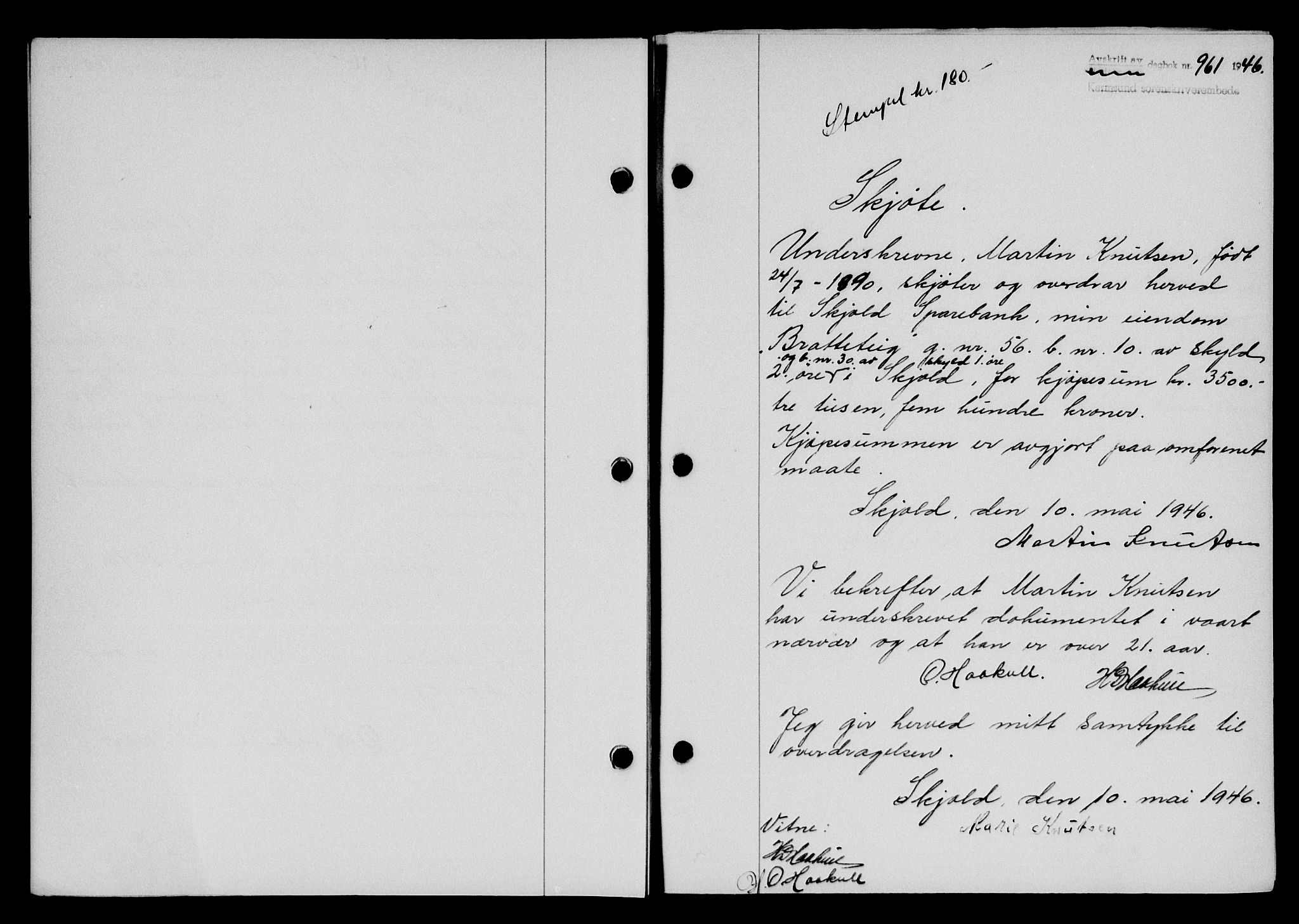 Karmsund sorenskriveri, AV/SAST-A-100311/01/II/IIB/L0085: Pantebok nr. 66A, 1946-1946, Dagboknr: 961/1946