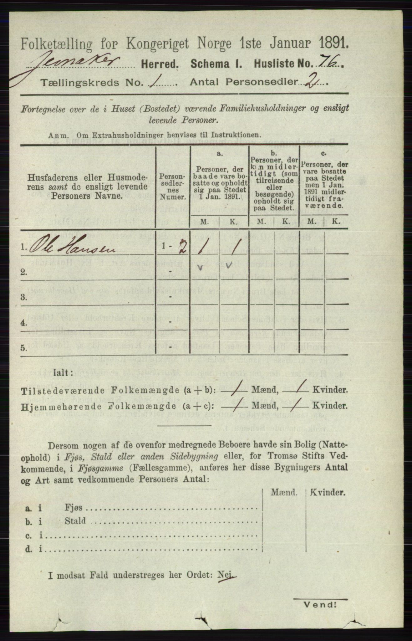 RA, Folketelling 1891 for 0532 Jevnaker herred, 1891, s. 109