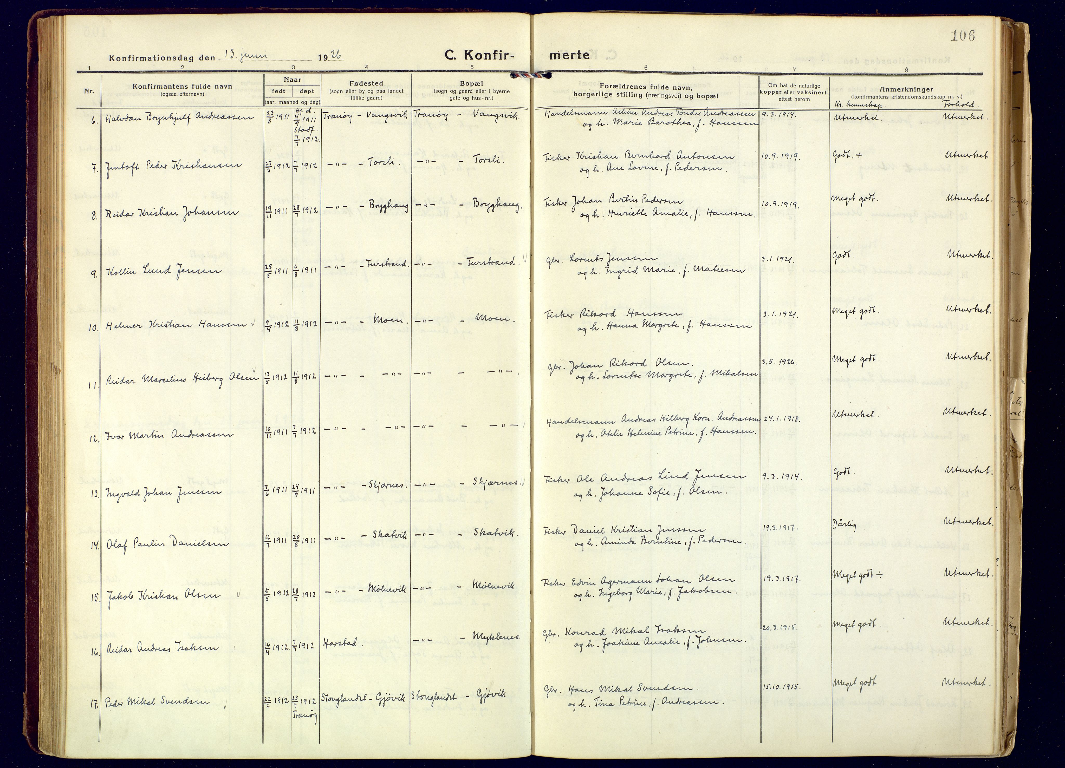 Tranøy sokneprestkontor, AV/SATØ-S-1313/I/Ia/Iaa/L0016kirke: Ministerialbok nr. 16, 1919-1932, s. 106