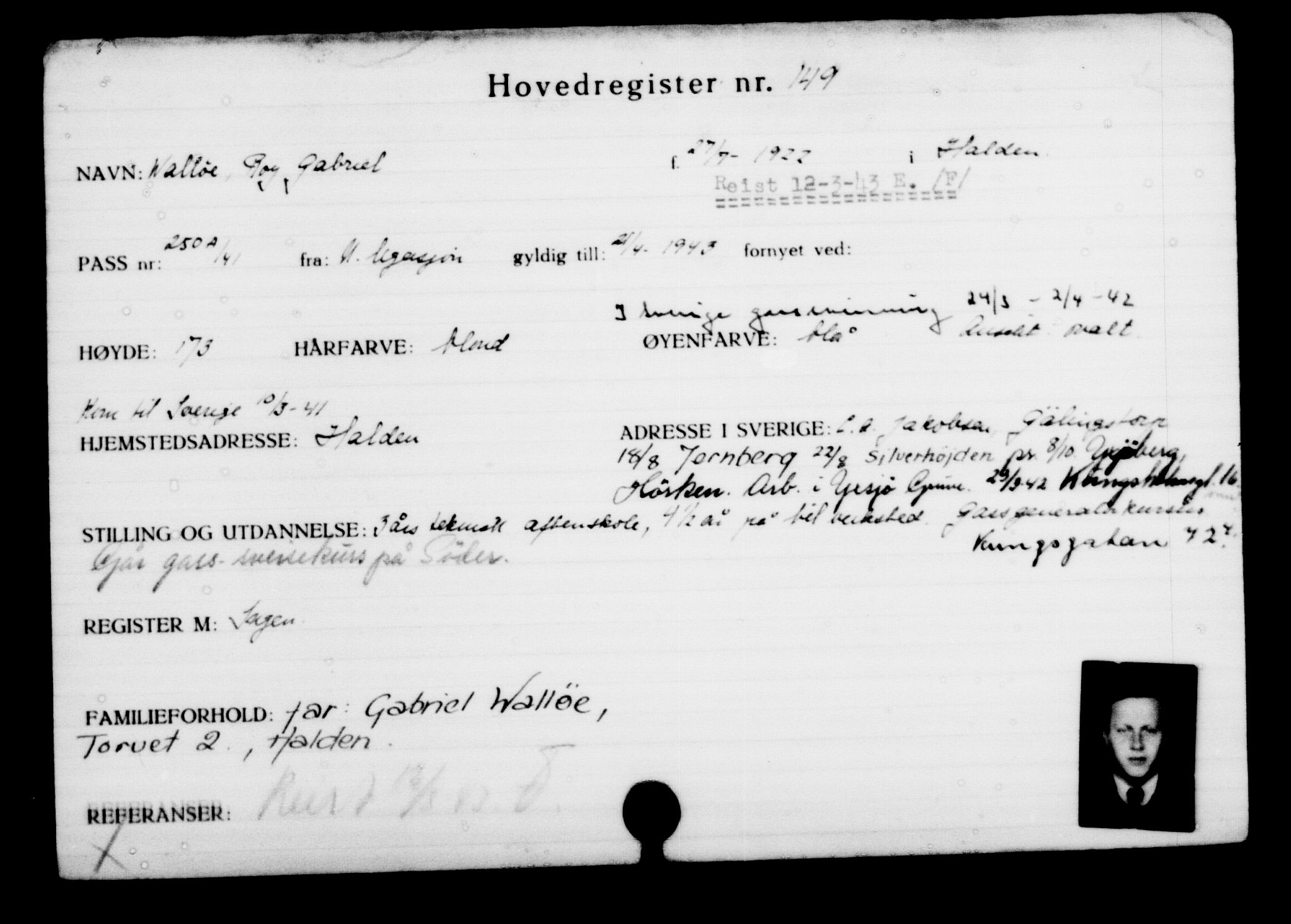Utenriksstasjonene, Legasjonen i Stockholm, Flyktningkontoret, AV/RA-S-6753/V/Va/L0001: Kjesäterkartoteket, flyktninger med registreringsnr. 1-1000, 1940-1945, s. 241