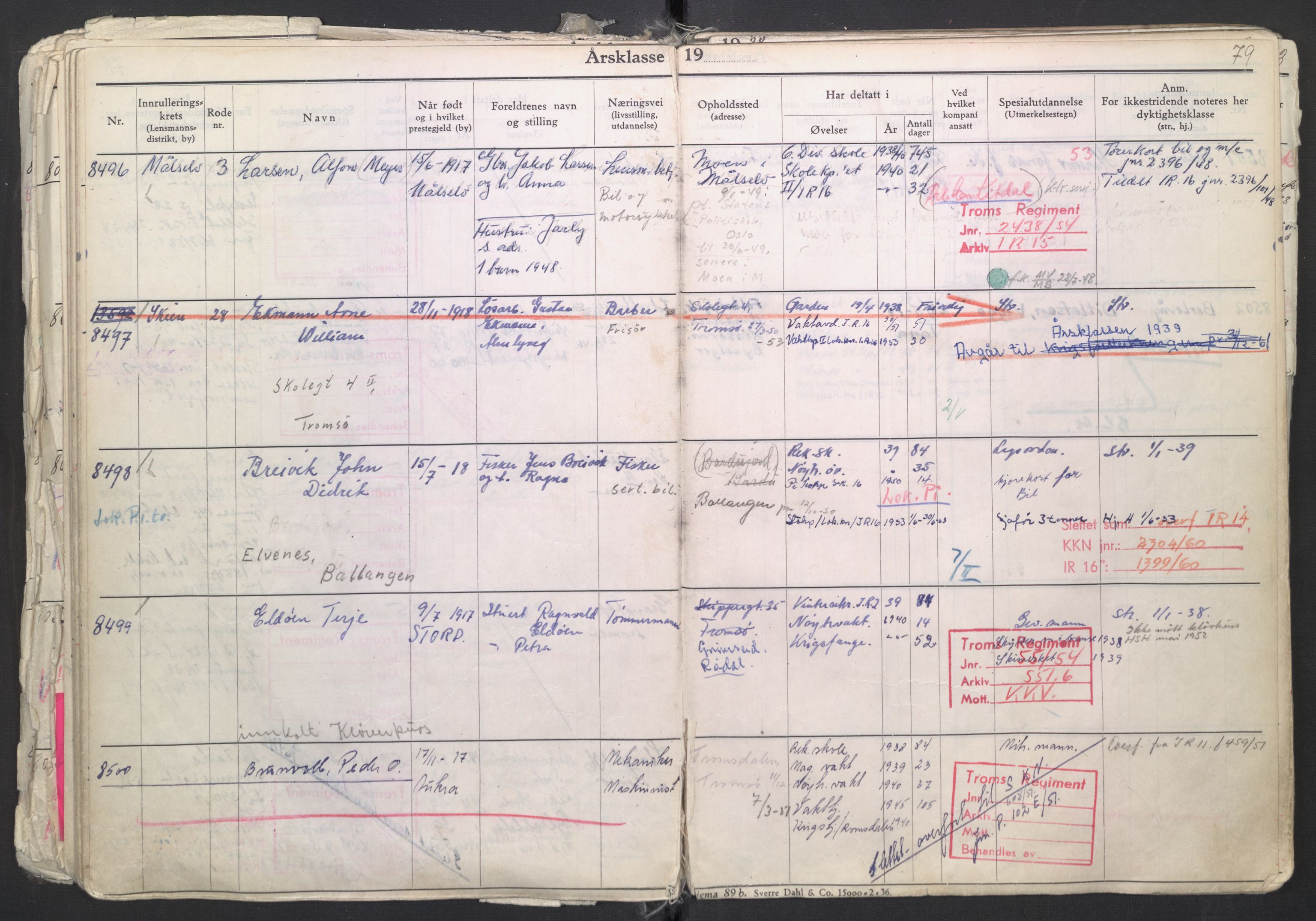 Forsvaret, Troms infanteriregiment nr. 16, AV/RA-RAFA-3146/P/Pa/L0007/0003: Ruller / Rulle for regimentets menige mannskaper, årsklasse 1938, 1938, s. 79