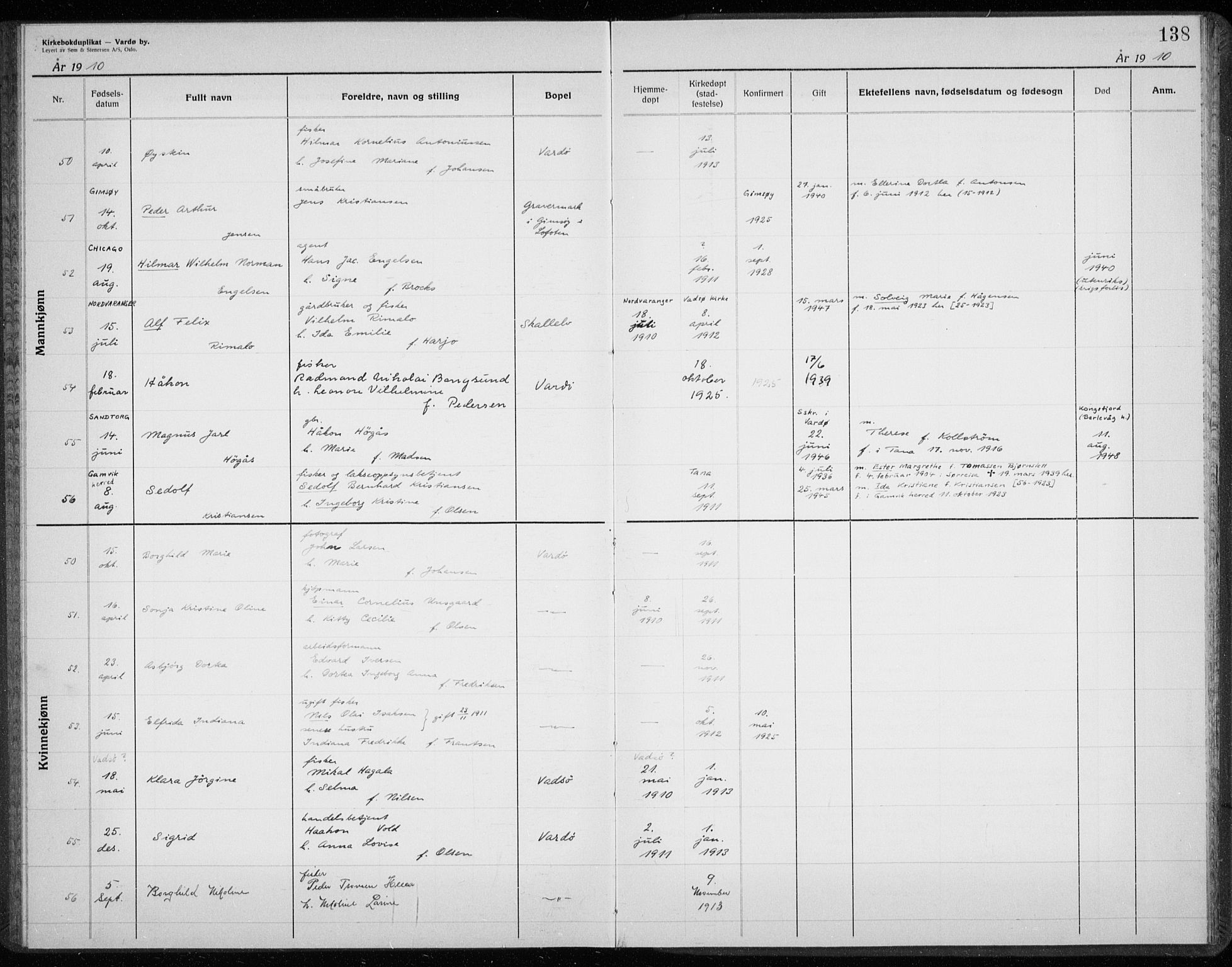 Vardø sokneprestkontor, AV/SATØ-S-1332/H/Hc/L0001kirkerekon: Annen kirkebok nr. 1, 1900-1914, s. 138