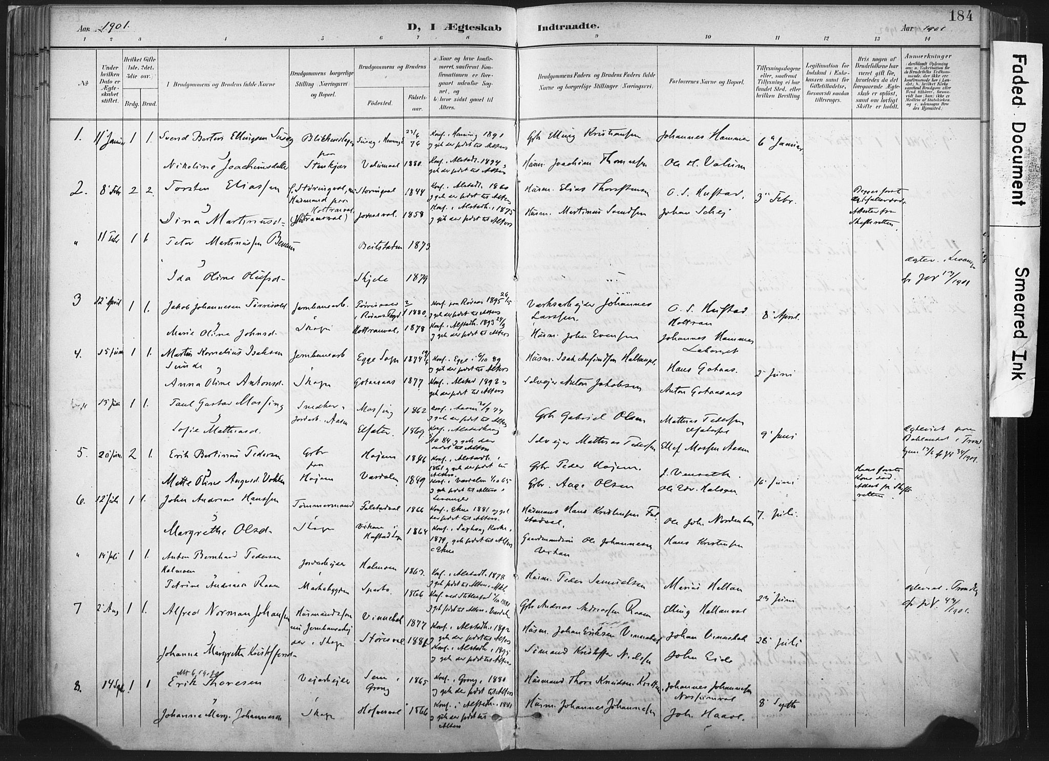 Ministerialprotokoller, klokkerbøker og fødselsregistre - Nord-Trøndelag, AV/SAT-A-1458/717/L0162: Ministerialbok nr. 717A12, 1898-1923, s. 184