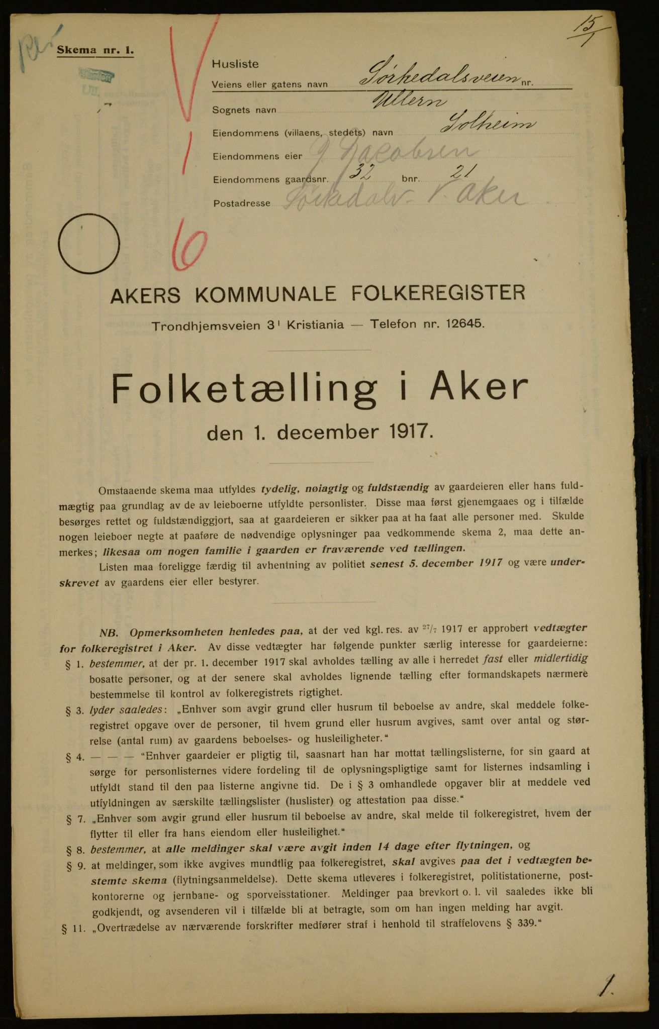 OBA, Kommunal folketelling 1.12.1917 for Aker, 1917, s. 77