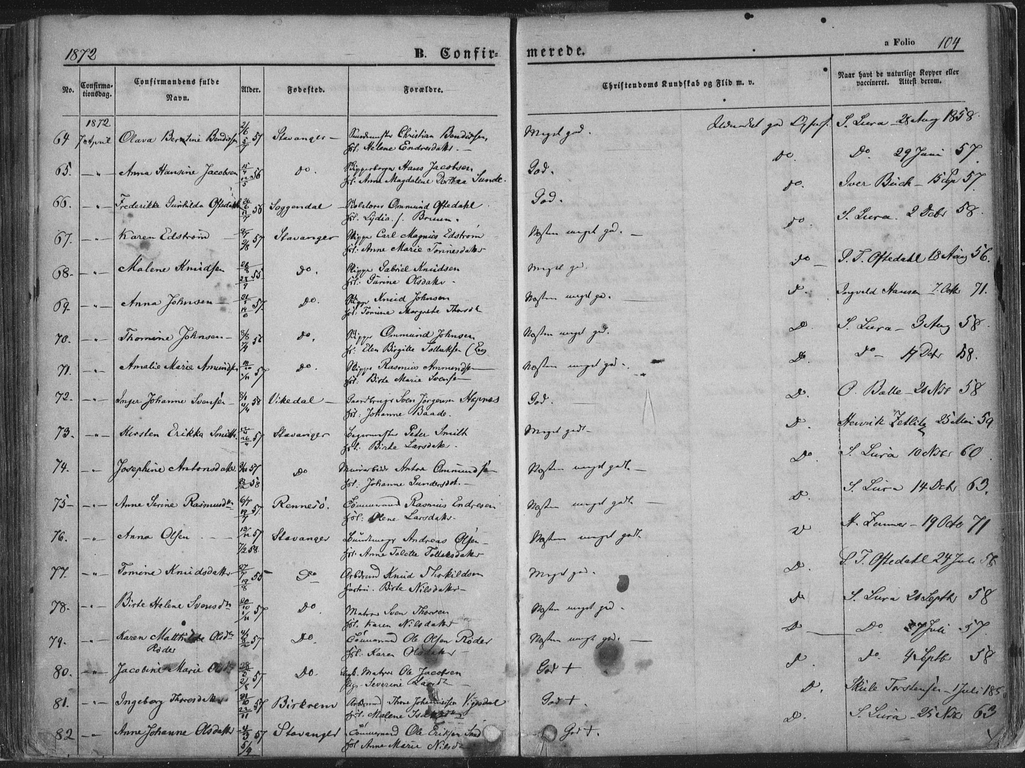 Domkirken sokneprestkontor, AV/SAST-A-101812/001/30/30BA/L0018: Ministerialbok nr. A 17, 1857-1877, s. 104