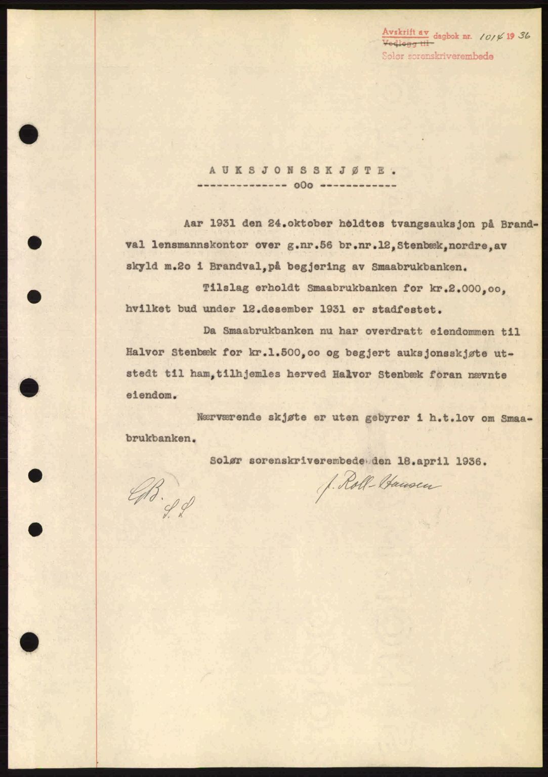 Solør tingrett, SAH/TING-008/H/Hb/Hbc/L0001: Pantebok nr. A1-A4, 1936-1938, Dagboknr: 1014/1936