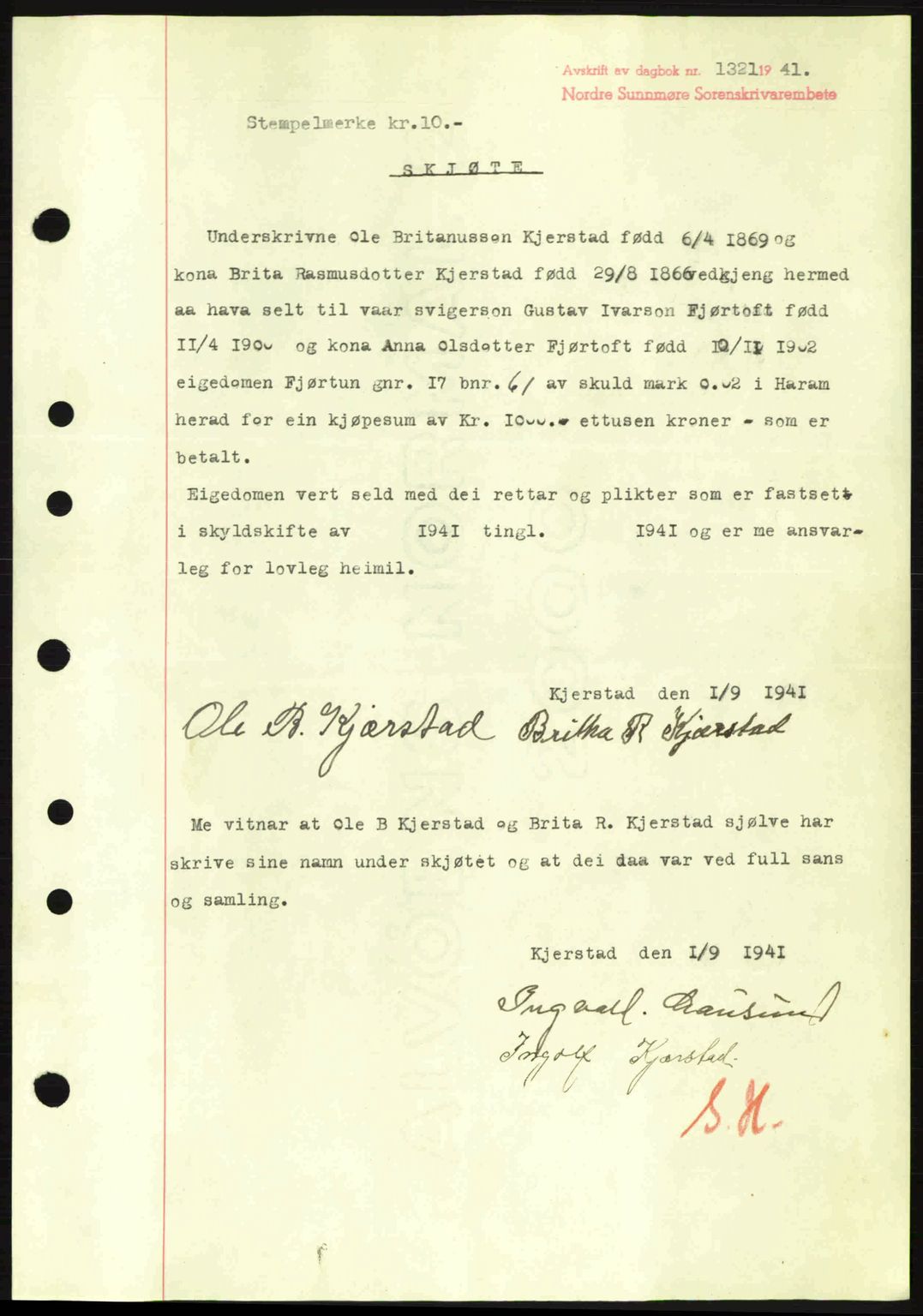 Nordre Sunnmøre sorenskriveri, SAT/A-0006/1/2/2C/2Ca: Pantebok nr. A11, 1941-1941, Dagboknr: 1321/1941