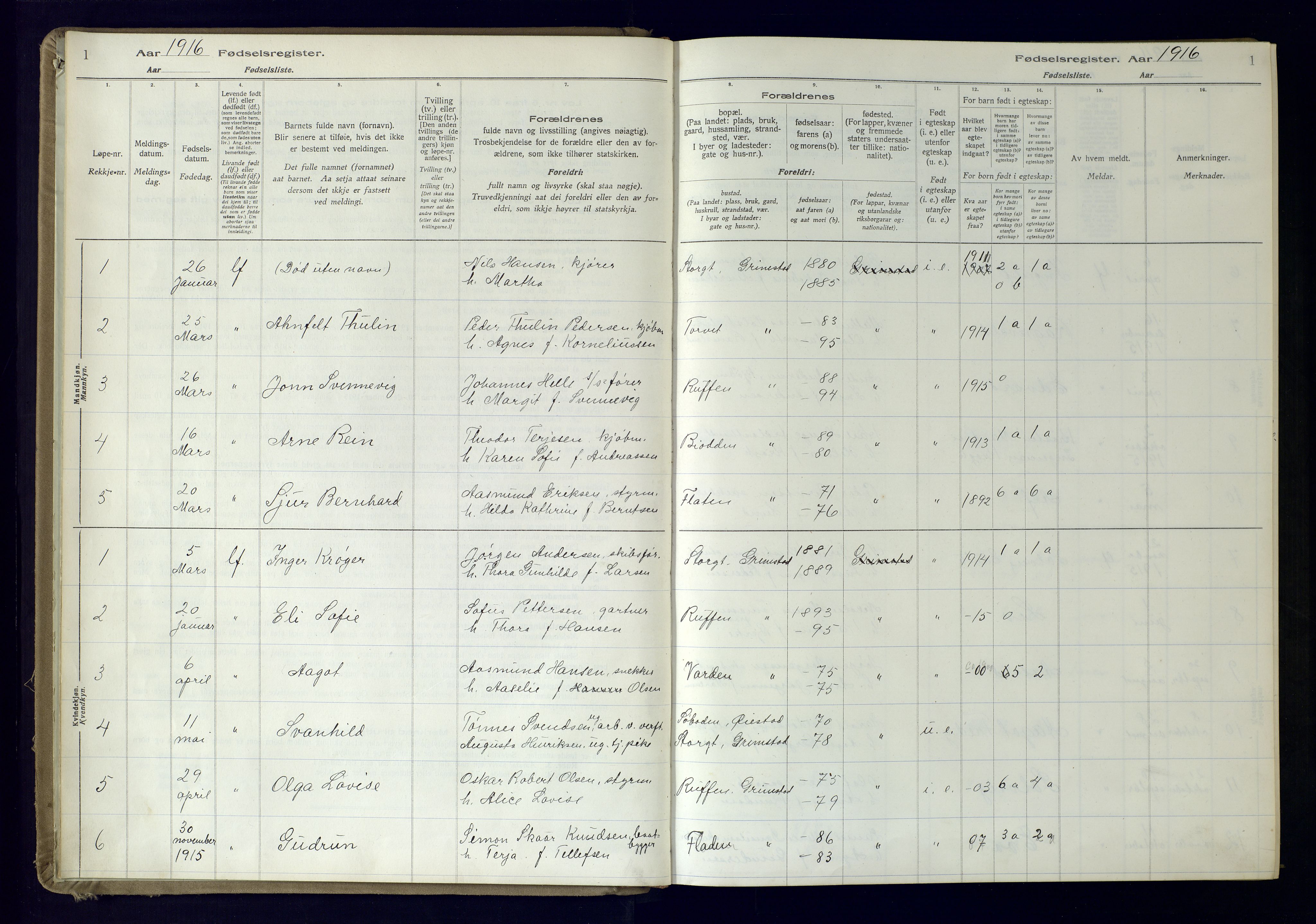 Grimstad sokneprestkontor, AV/SAK-1111-0017/J/Ja/L0001: Fødselsregister nr. 1, 1916-1960, s. 1