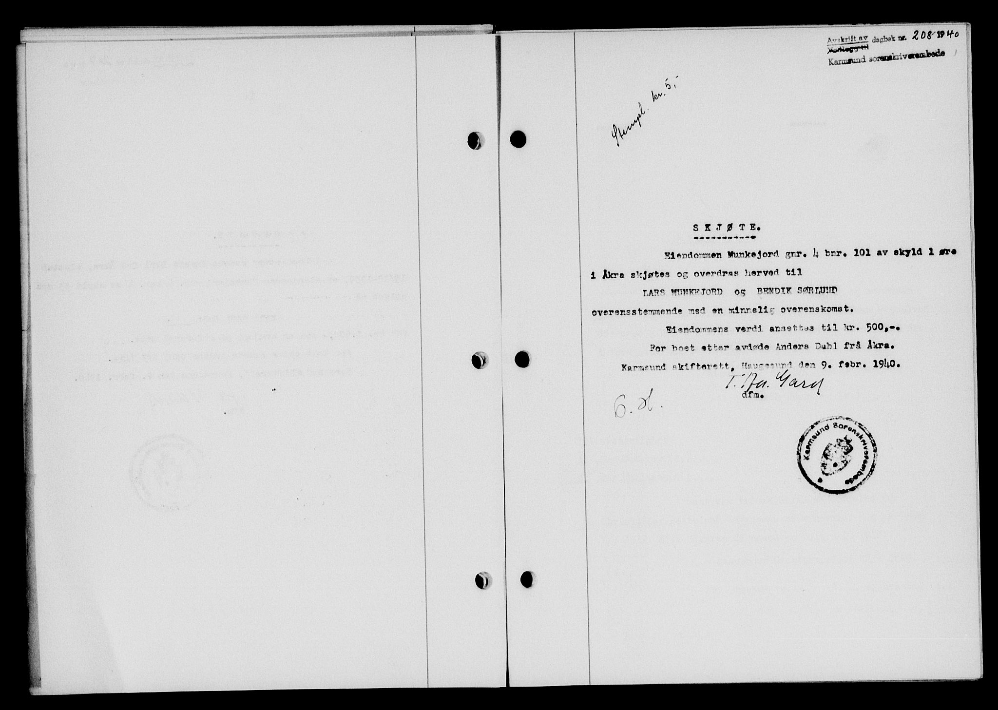 Karmsund sorenskriveri, SAST/A-100311/01/II/IIB/L0072: Pantebok nr. 53A, 1939-1940, Dagboknr: 208/1940