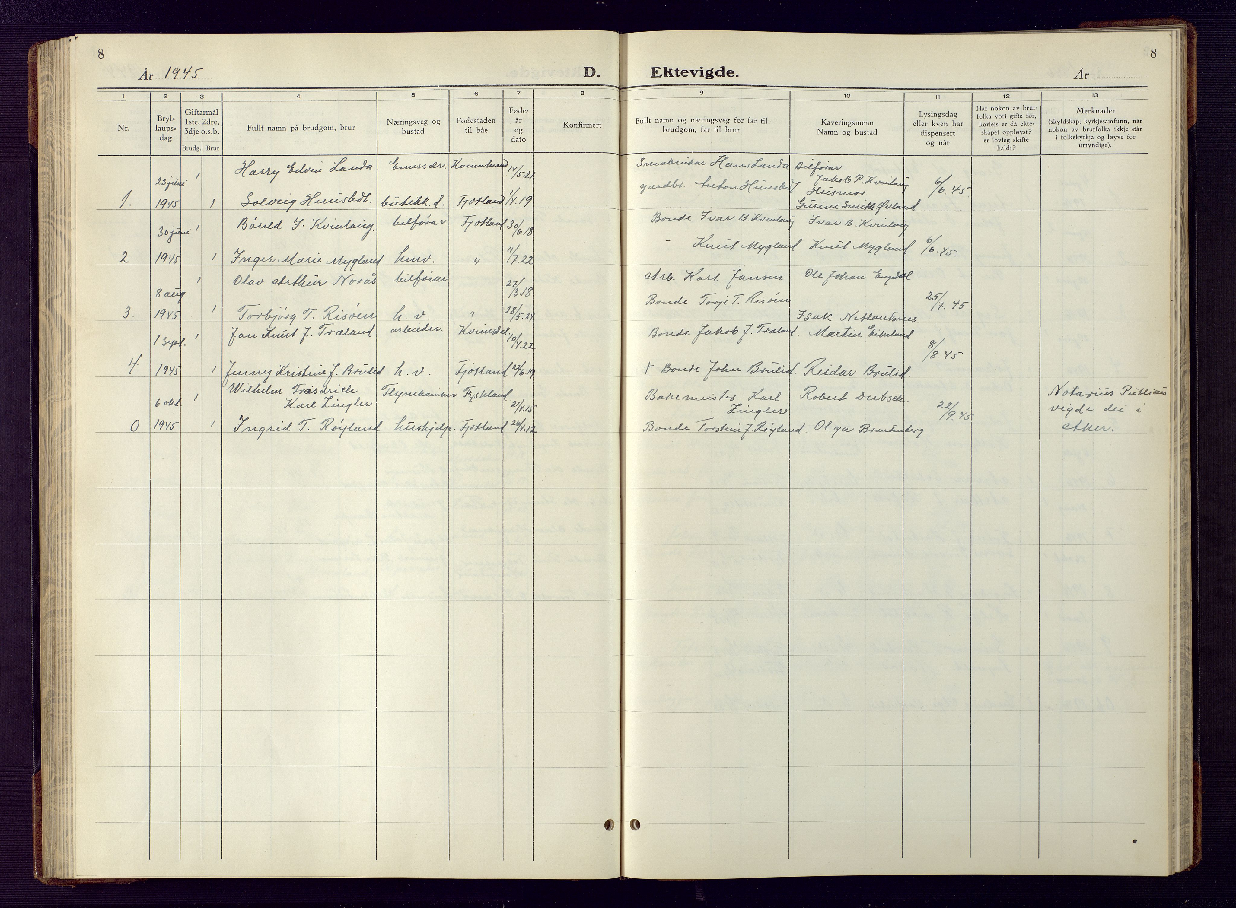 Fjotland sokneprestkontor, AV/SAK-1111-0010/F/Fb/L0005: Klokkerbok nr. B 5, 1941-1949, s. 8