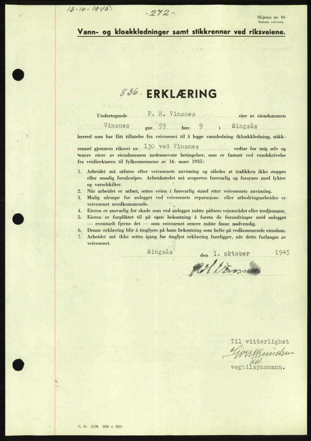Gauldal sorenskriveri, SAT/A-0014/1/2/2C: Pantebok nr. A1a, 1945-1945, Dagboknr: 836/1945