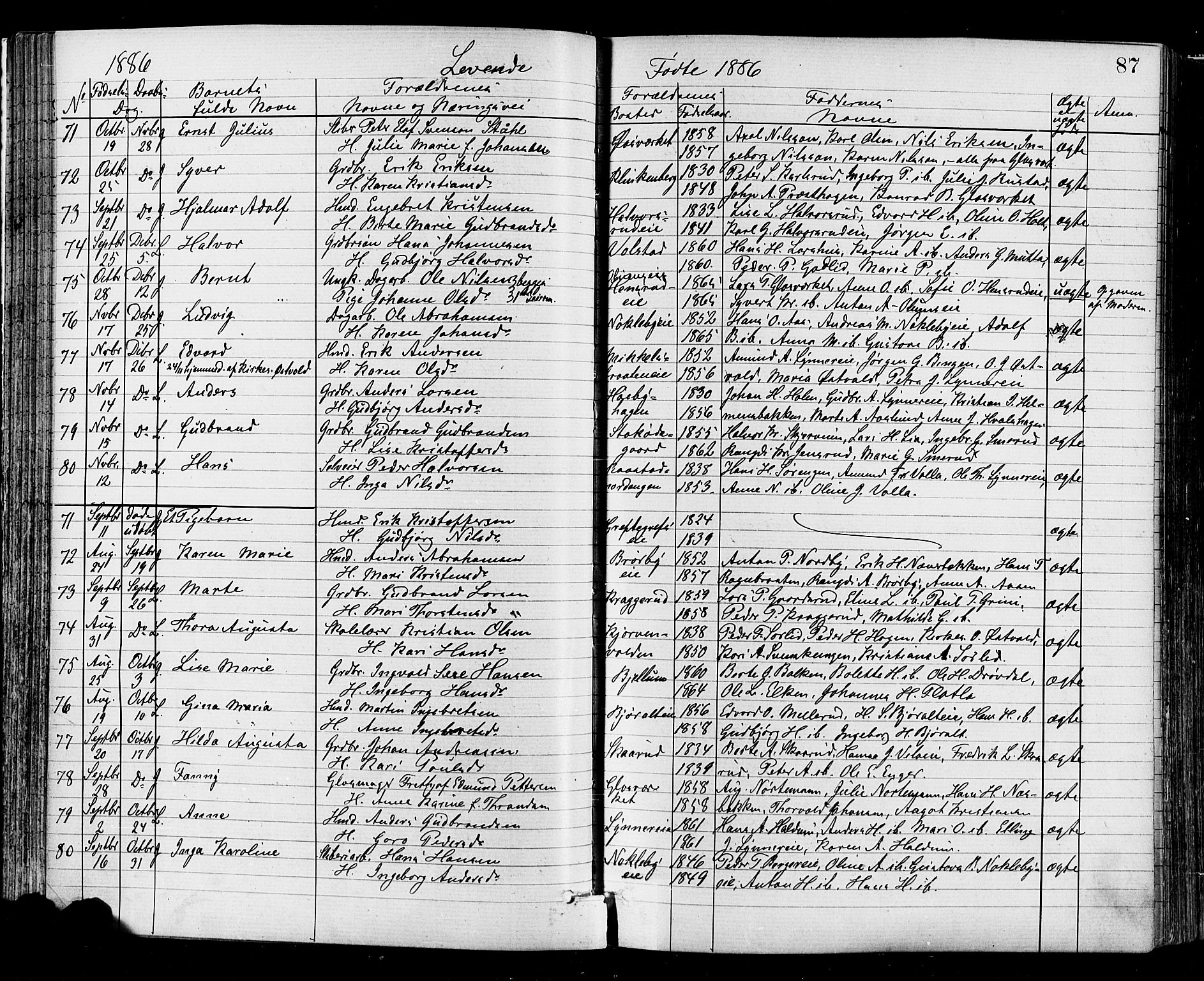 Jevnaker prestekontor, AV/SAH-PREST-116/H/Ha/Haa/L0008: Ministerialbok nr. 8, 1877-1890, s. 87