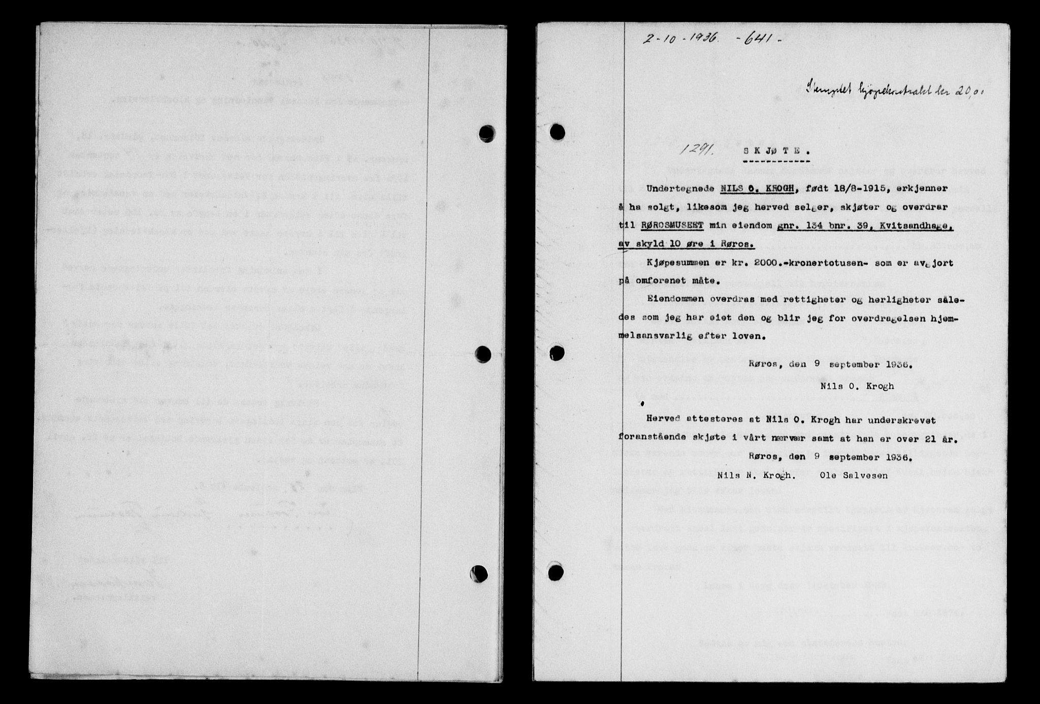 Gauldal sorenskriveri, SAT/A-0014/1/2/2C/L0046: Pantebok nr. 49-50, 1936-1937, Dagboknr: 1291/1936