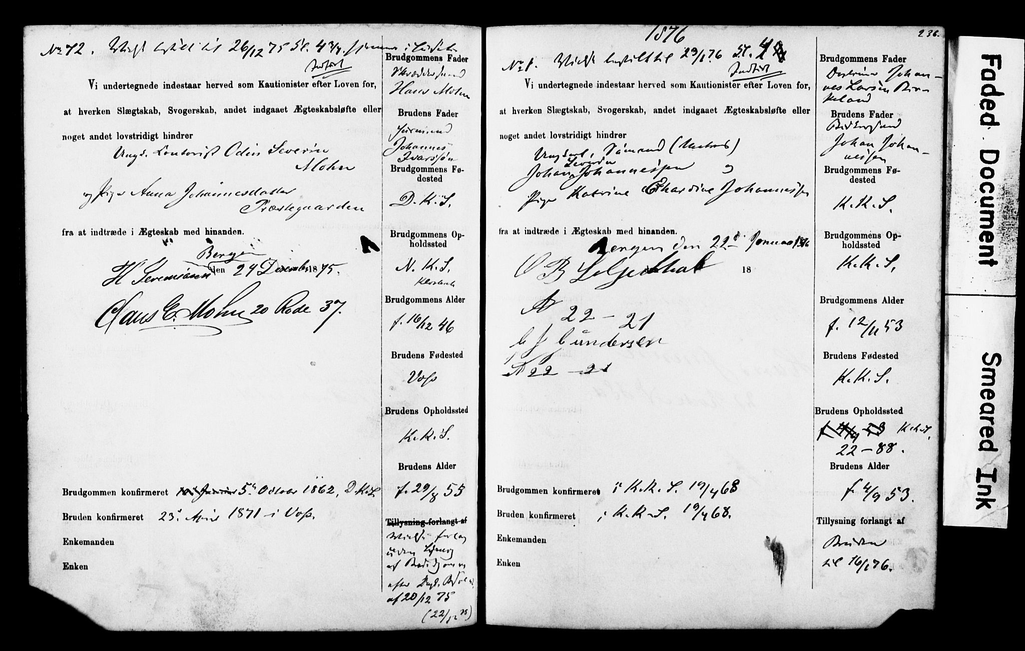 Korskirken sokneprestembete, SAB/A-76101: Forlovererklæringer nr. II.5.4, 1871-1878, s. 236