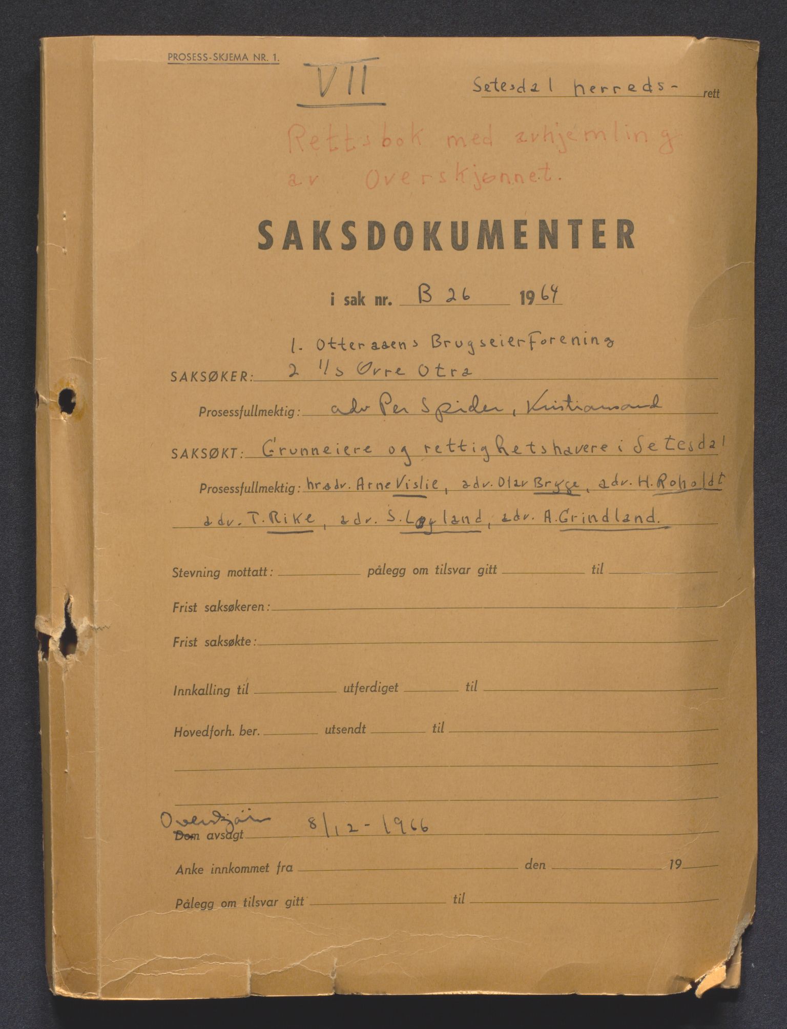 Setesdal  sorenskriveri - 2, SAK/1221-0111/G/Gd/L0099/0002: B-saker, nr. 26 overskjønn Brokke kraftverk / VII - Rettsbok med avhjemling av overskjønn, 1966