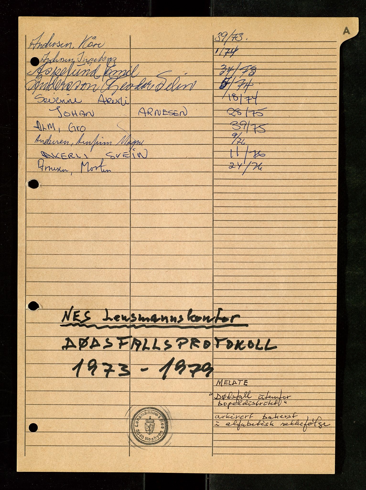 Nes lensmannskontor, AV/SAKO-A-525/H/Ha/L0007: Dødsfallsprotokoll, 1973-1979