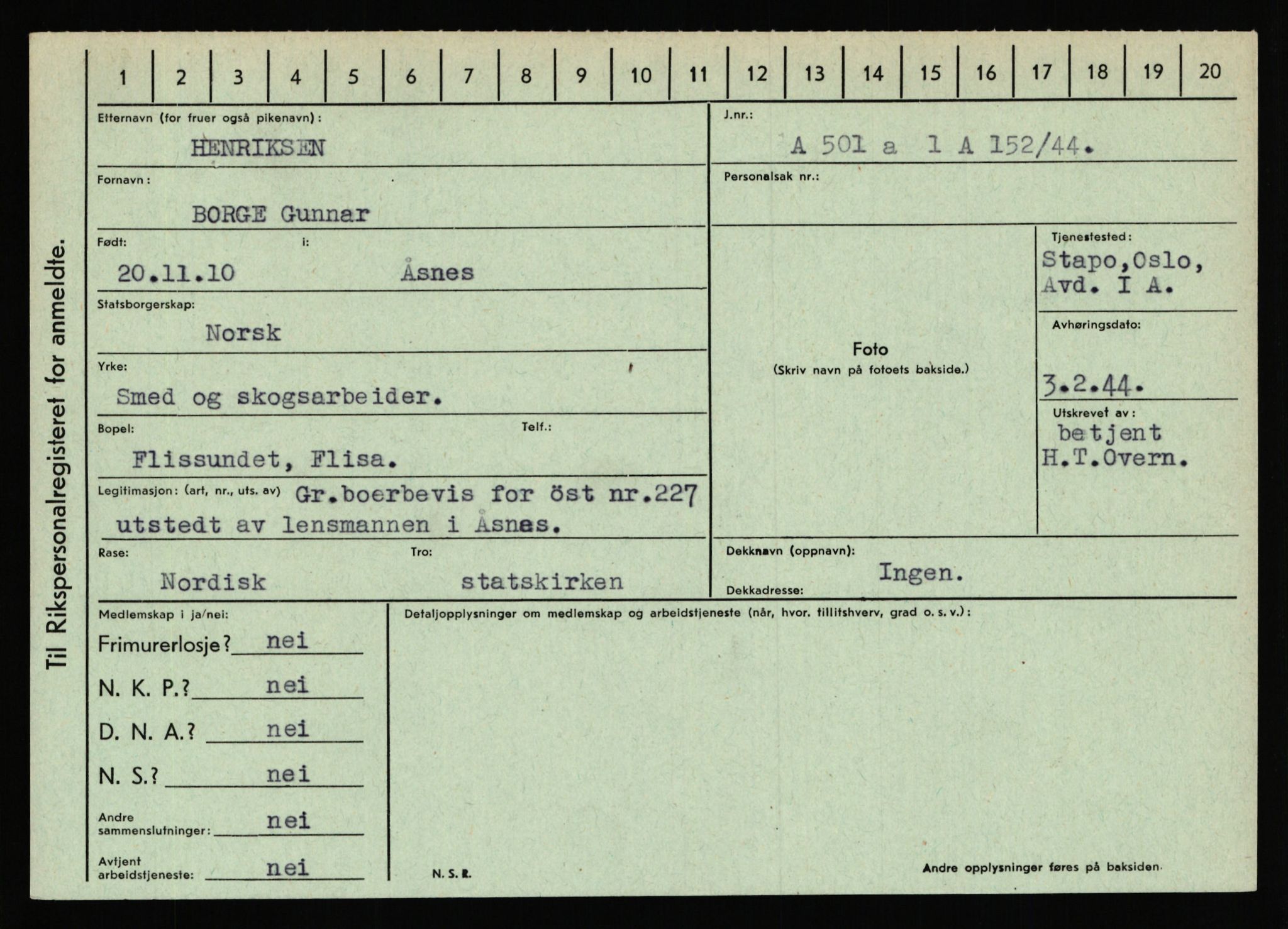 Statspolitiet - Hovedkontoret / Osloavdelingen, AV/RA-S-1329/C/Ca/L0006: Hanche - Hokstvedt, 1943-1945, s. 3643