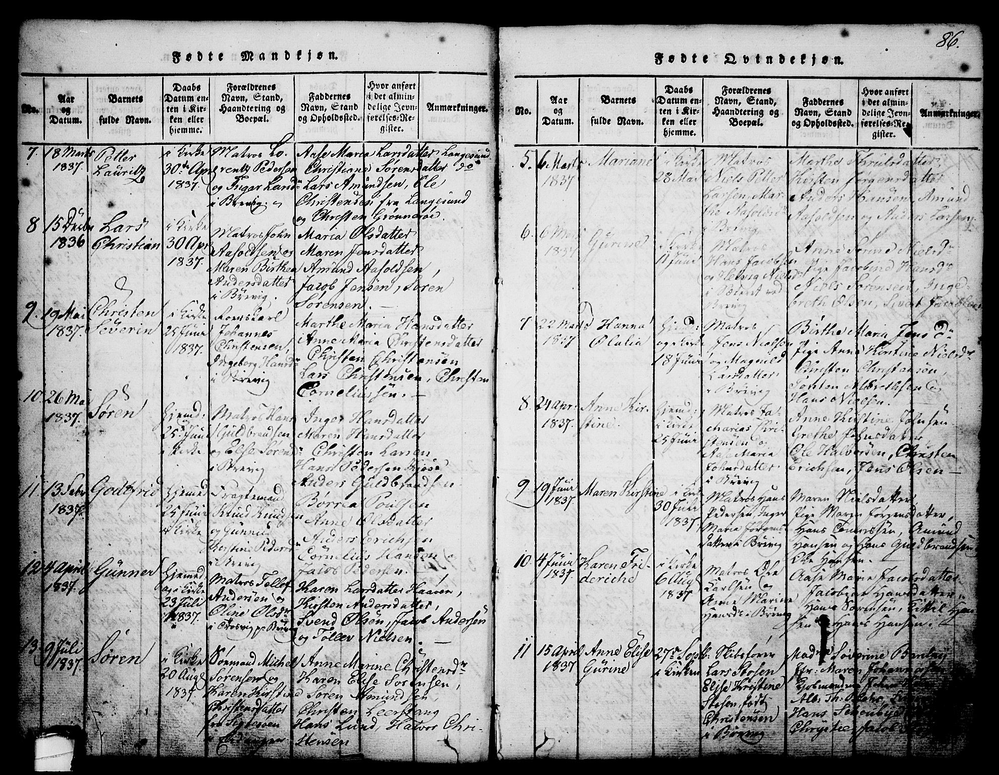 Brevik kirkebøker, AV/SAKO-A-255/G/Ga/L0001: Klokkerbok nr. 1, 1814-1845, s. 86