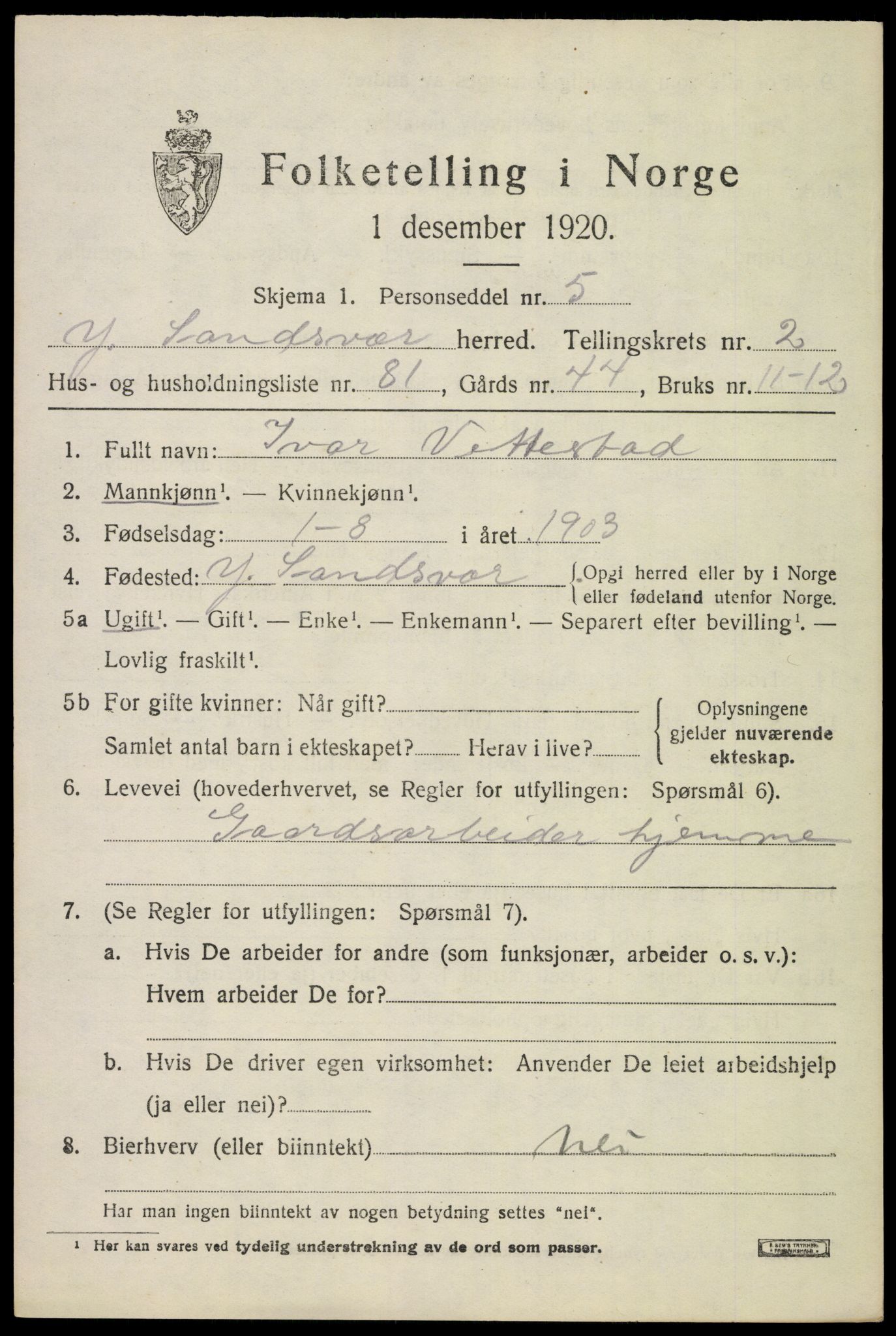 SAKO, Folketelling 1920 for 0629 Ytre Sandsvær herred, 1920, s. 3540