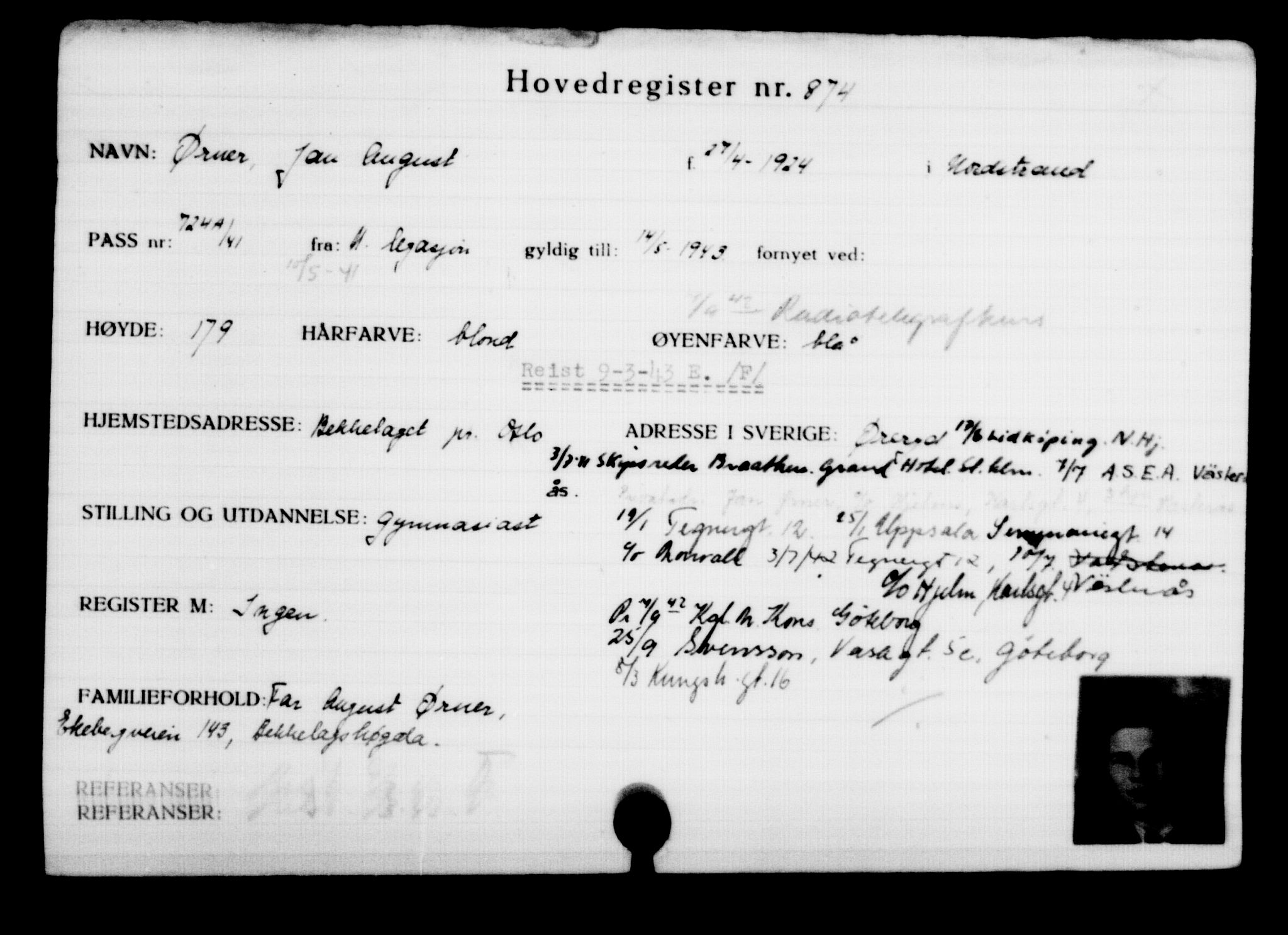 Utenriksstasjonene, Legasjonen i Stockholm, Flyktningkontoret, AV/RA-S-6753/V/Va/L0001: Kjesäterkartoteket, flyktninger med registreringsnr. 1-1000, 1940-1945, s. 1385