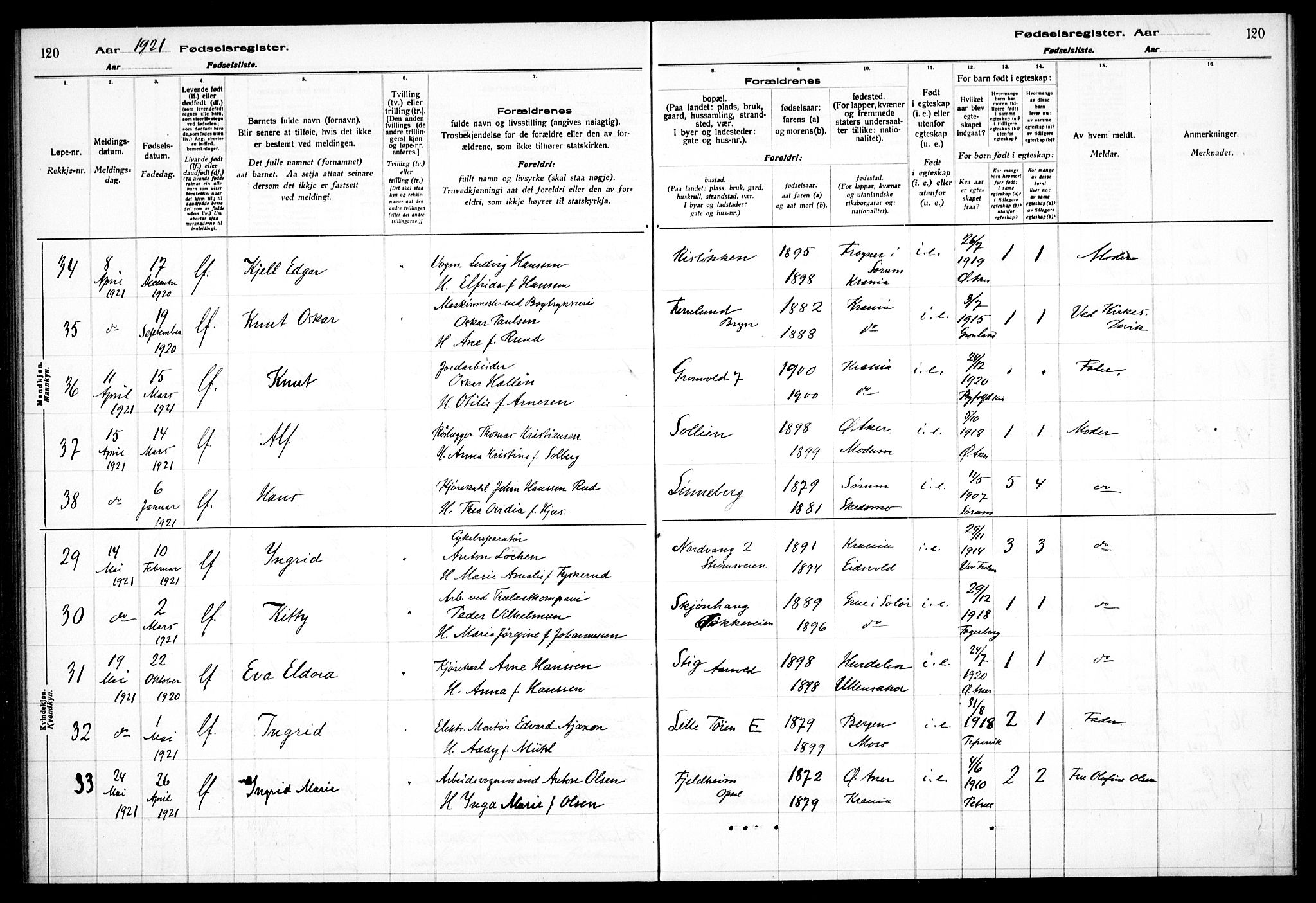 Østre Aker prestekontor Kirkebøker, AV/SAO-A-10840/J/Ja/L0001: Fødselsregister nr. I 1, 1916-1923, s. 120