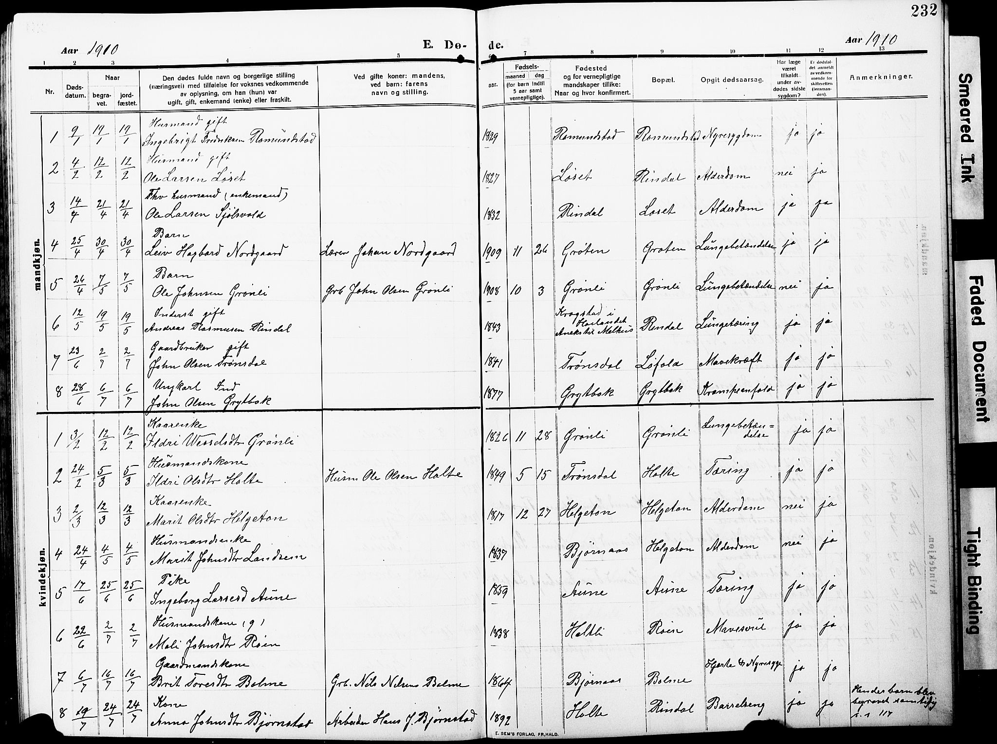 Ministerialprotokoller, klokkerbøker og fødselsregistre - Møre og Romsdal, AV/SAT-A-1454/598/L1079: Klokkerbok nr. 598C04, 1909-1927, s. 232