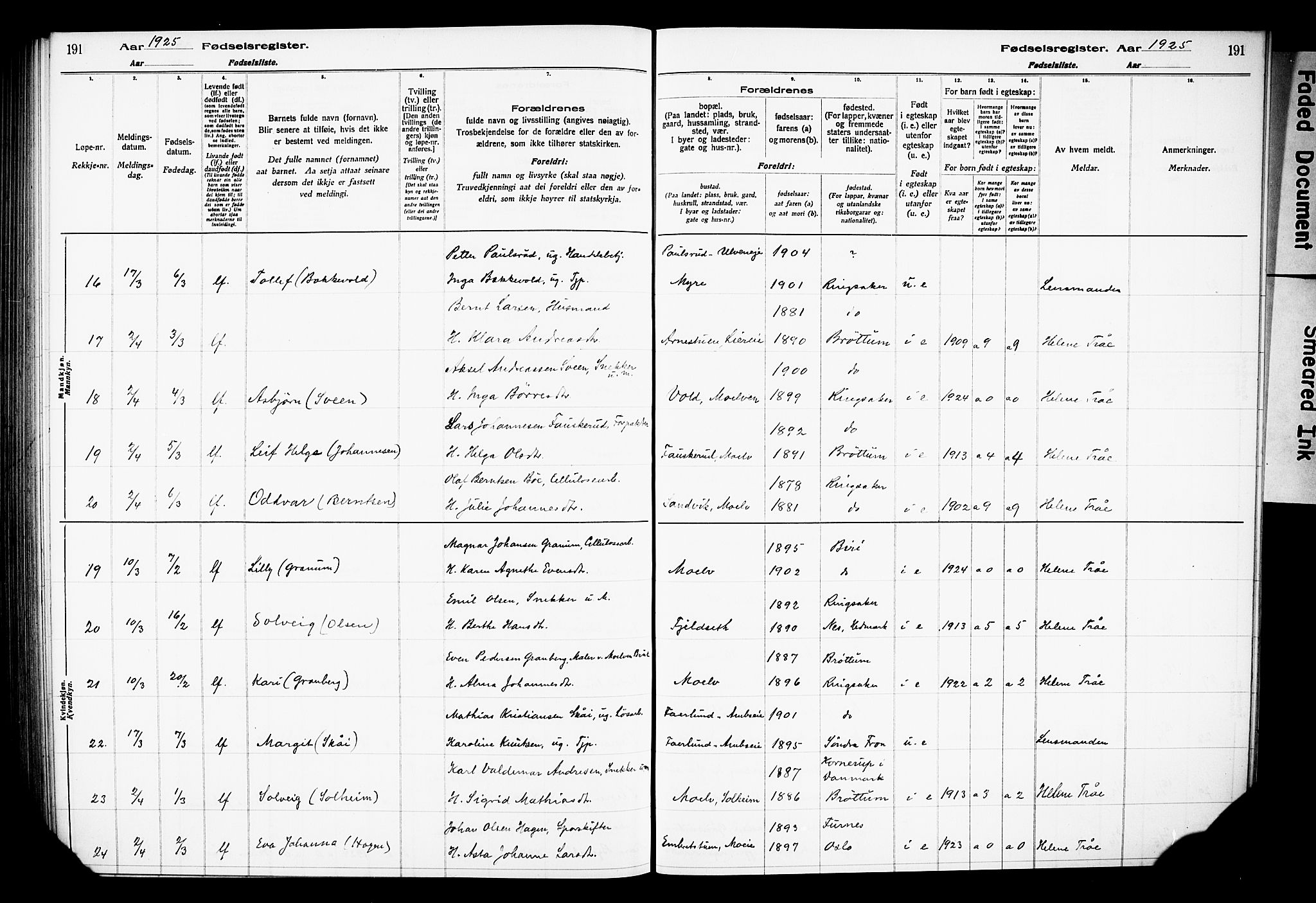 Ringsaker prestekontor, AV/SAH-PREST-014/O/Oa/L0001: Fødselsregister nr. 1, 1916-1925, s. 191