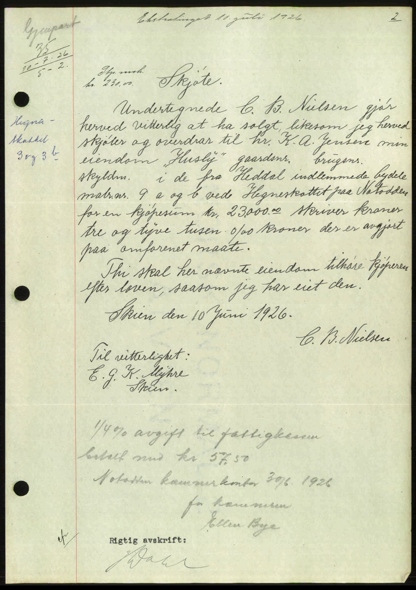 Heddal sorenskriveri, SAKO/A-211/G/Ga/Gac/L0001: Pantebok nr. 1, 1926-1927, s. 2, Tingl.dato: 10.07.1926