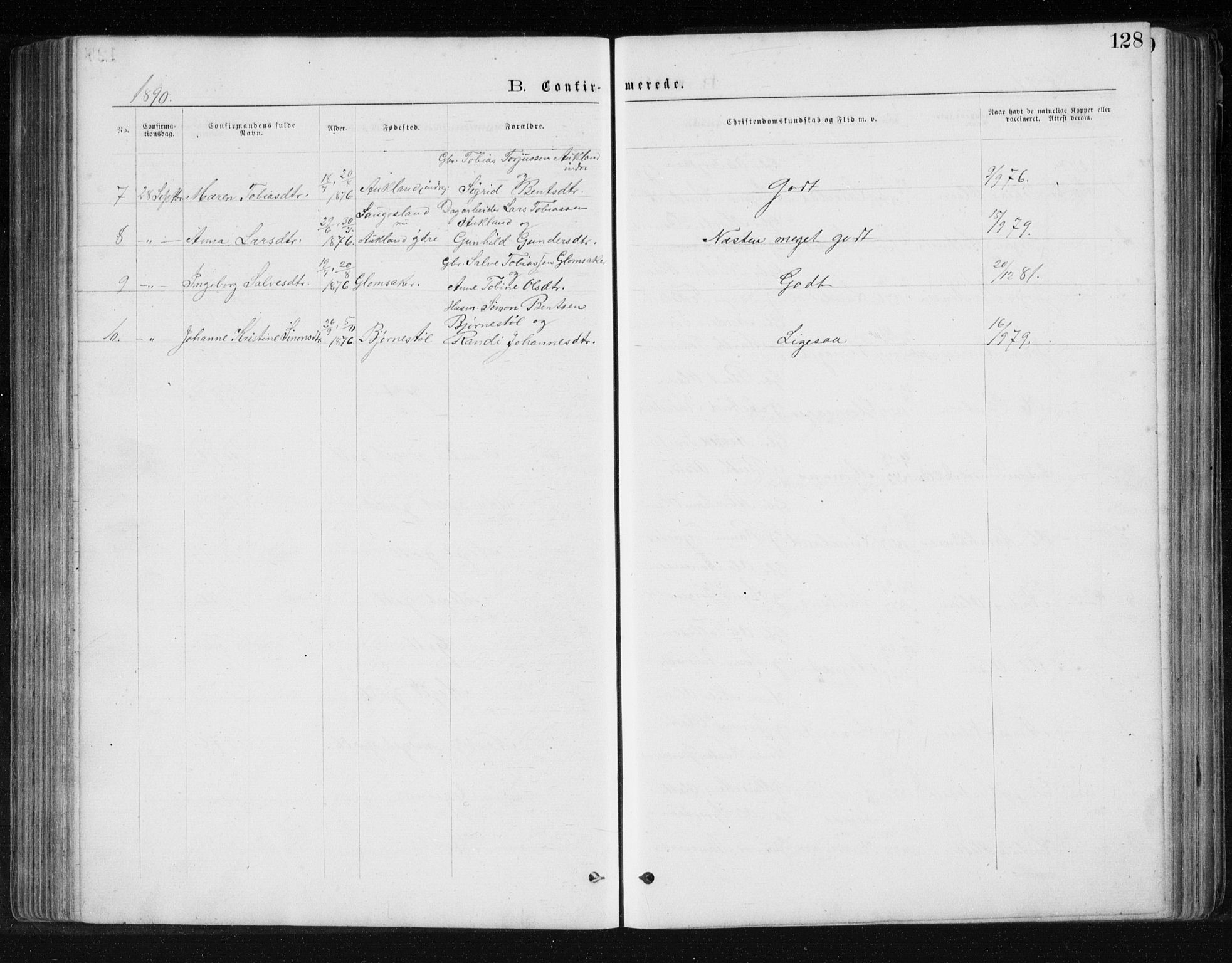 Holum sokneprestkontor, SAK/1111-0022/F/Fb/Fbb/L0003: Klokkerbok nr. B 3, 1875-1898, s. 128