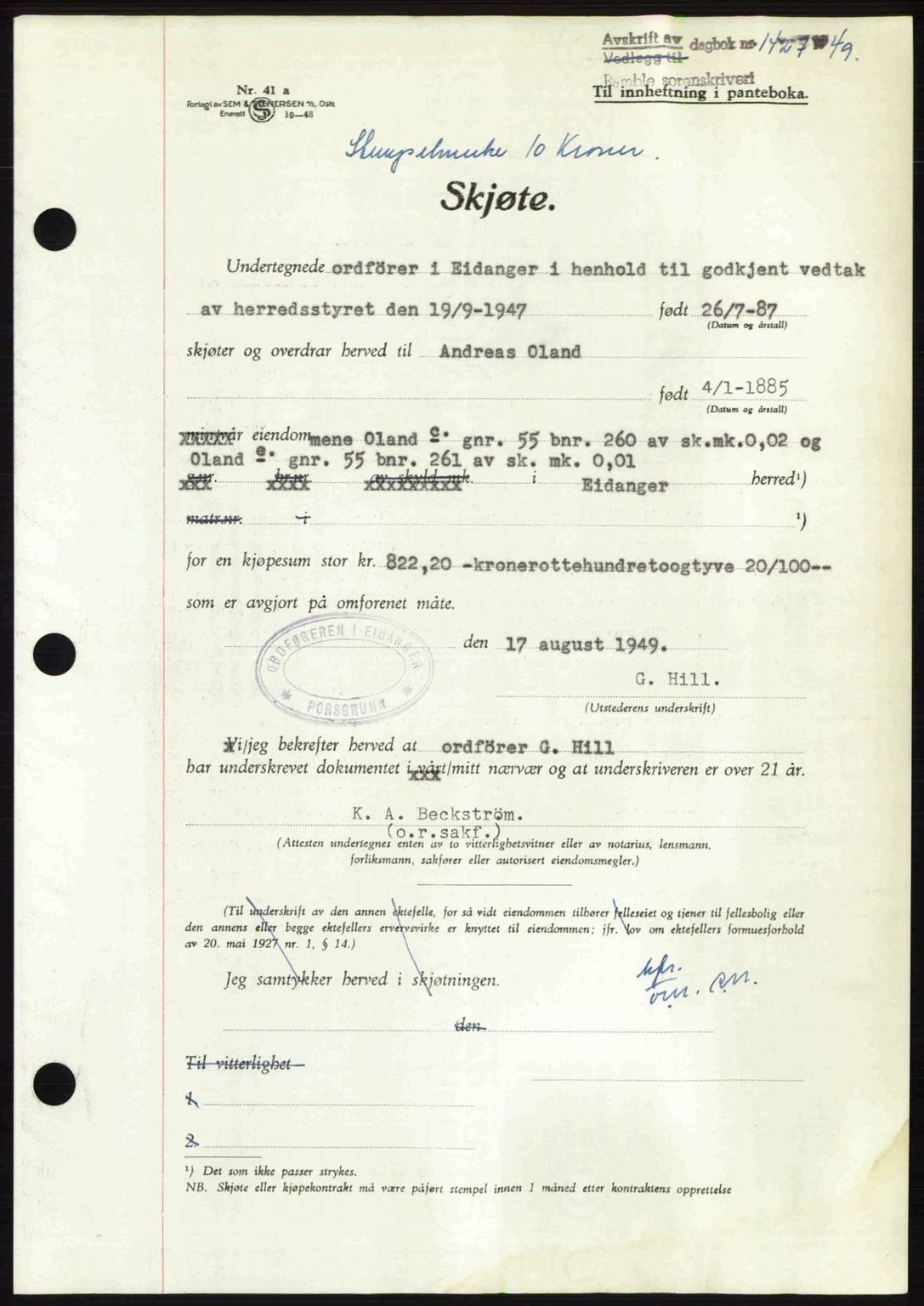 Bamble sorenskriveri, SAKO/A-214/G/Ga/Gag/L0015: Pantebok nr. A-15, 1949-1949, Dagboknr: 1427/1949