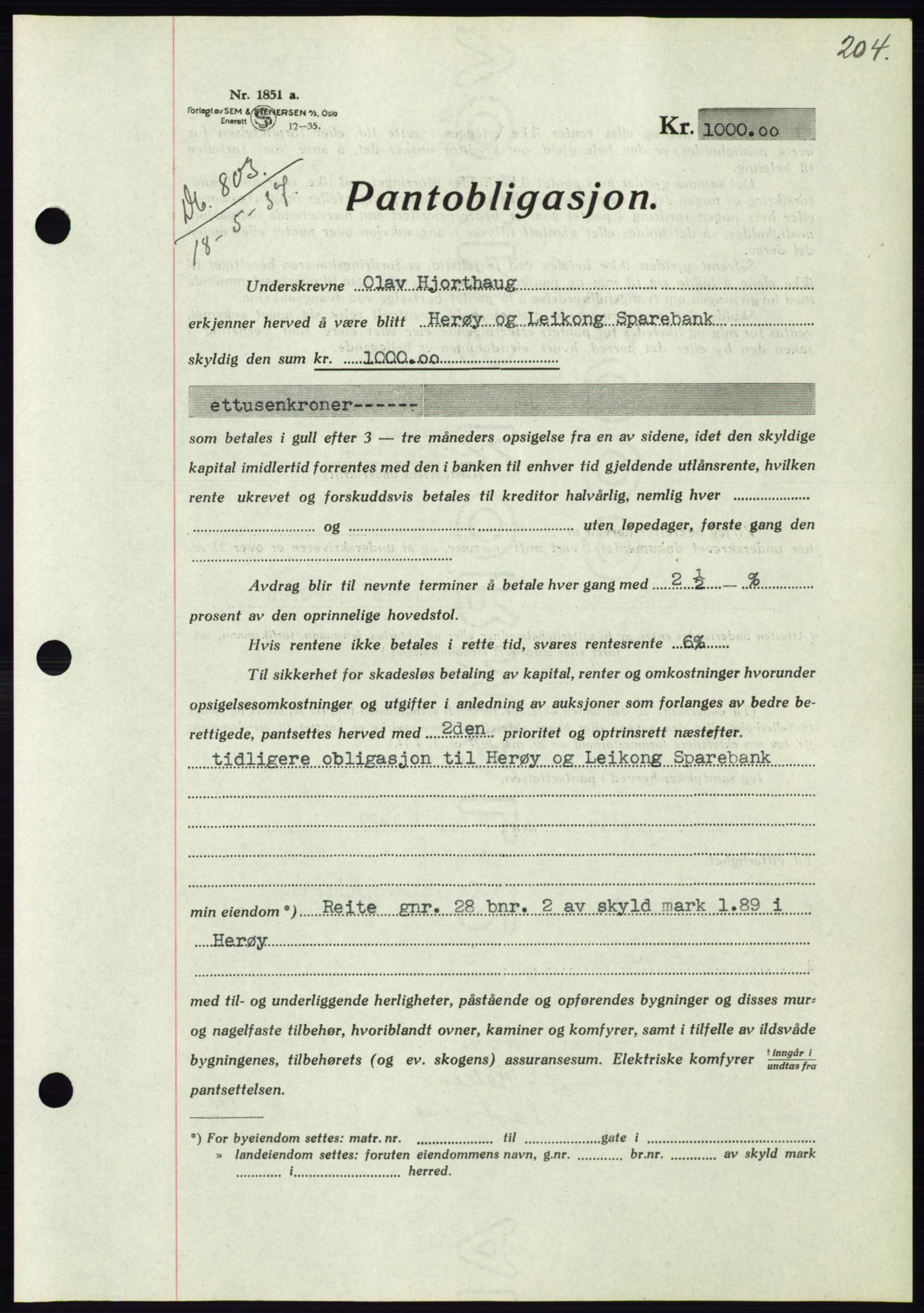 Søre Sunnmøre sorenskriveri, AV/SAT-A-4122/1/2/2C/L0063: Pantebok nr. 57, 1937-1937, Dagboknr: 803/1937