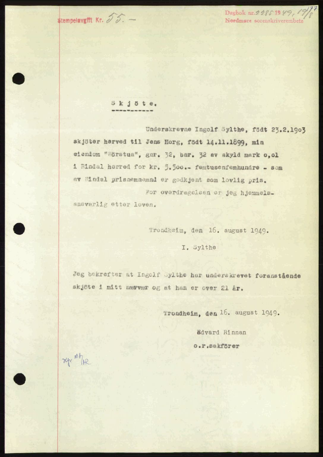 Nordmøre sorenskriveri, SAT/A-4132/1/2/2Ca: Pantebok nr. A112, 1949-1949, Dagboknr: 2285/1949