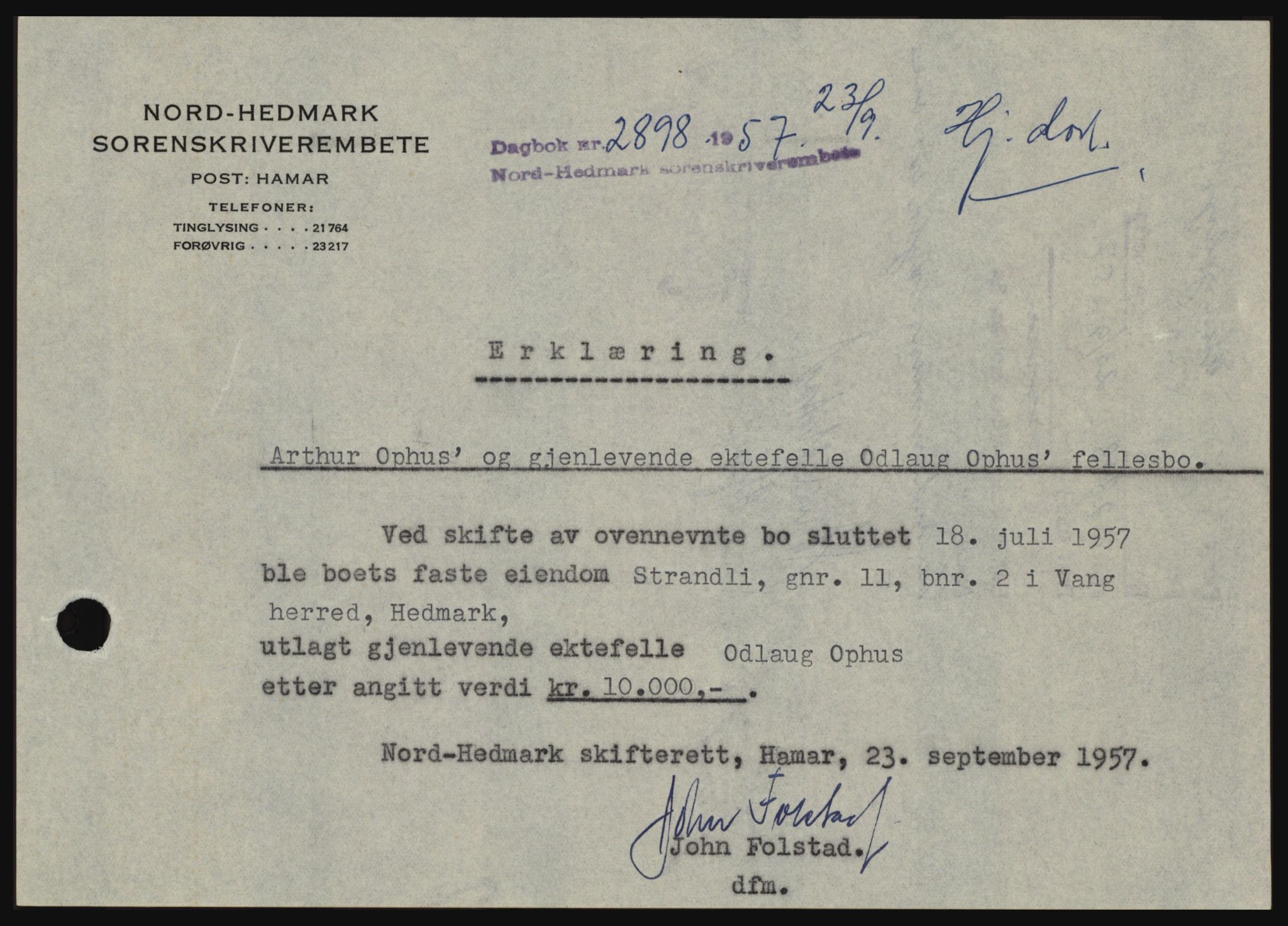 Nord-Hedmark sorenskriveri, SAH/TING-012/H/Hc/L0011: Pantebok nr. 11, 1956-1957, Dagboknr: 2898/1957
